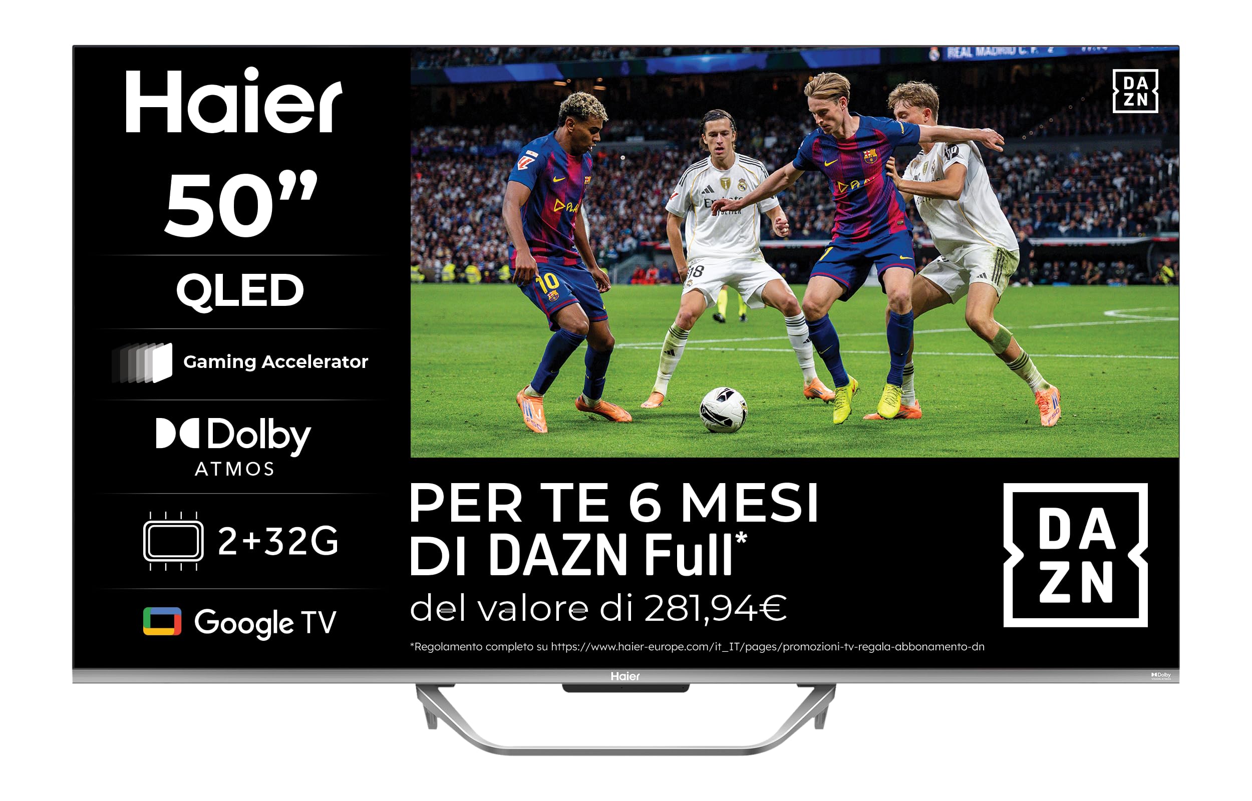 Haier QLED, 4K UHD H50Q80FUX 50'' Smart TV, Google TV, Dolby Audio, HDR 10, Telecomando Smart, Google Assistant, Bluetooth 5.1, Gaming Accelerator, USB 2.0, DBX TV, HDMI x4 [2025]