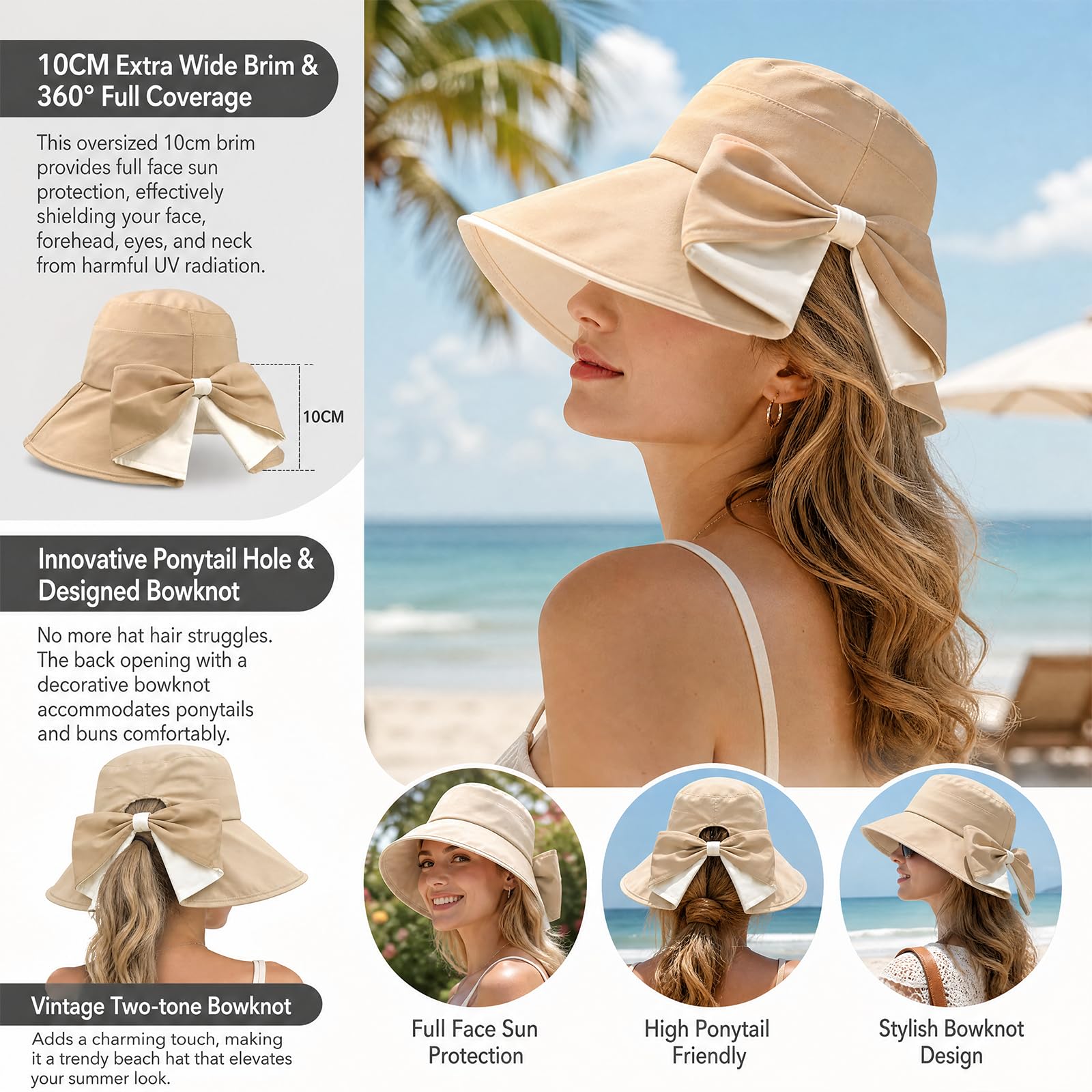 Cappello da donna con fiocco a tesa larga, protezione solare a 360° dai raggi UV e dal sole, cappello pieghevole a coda di cavallo, regolabile, ripiegabile, capanna estiva da spiaggia con