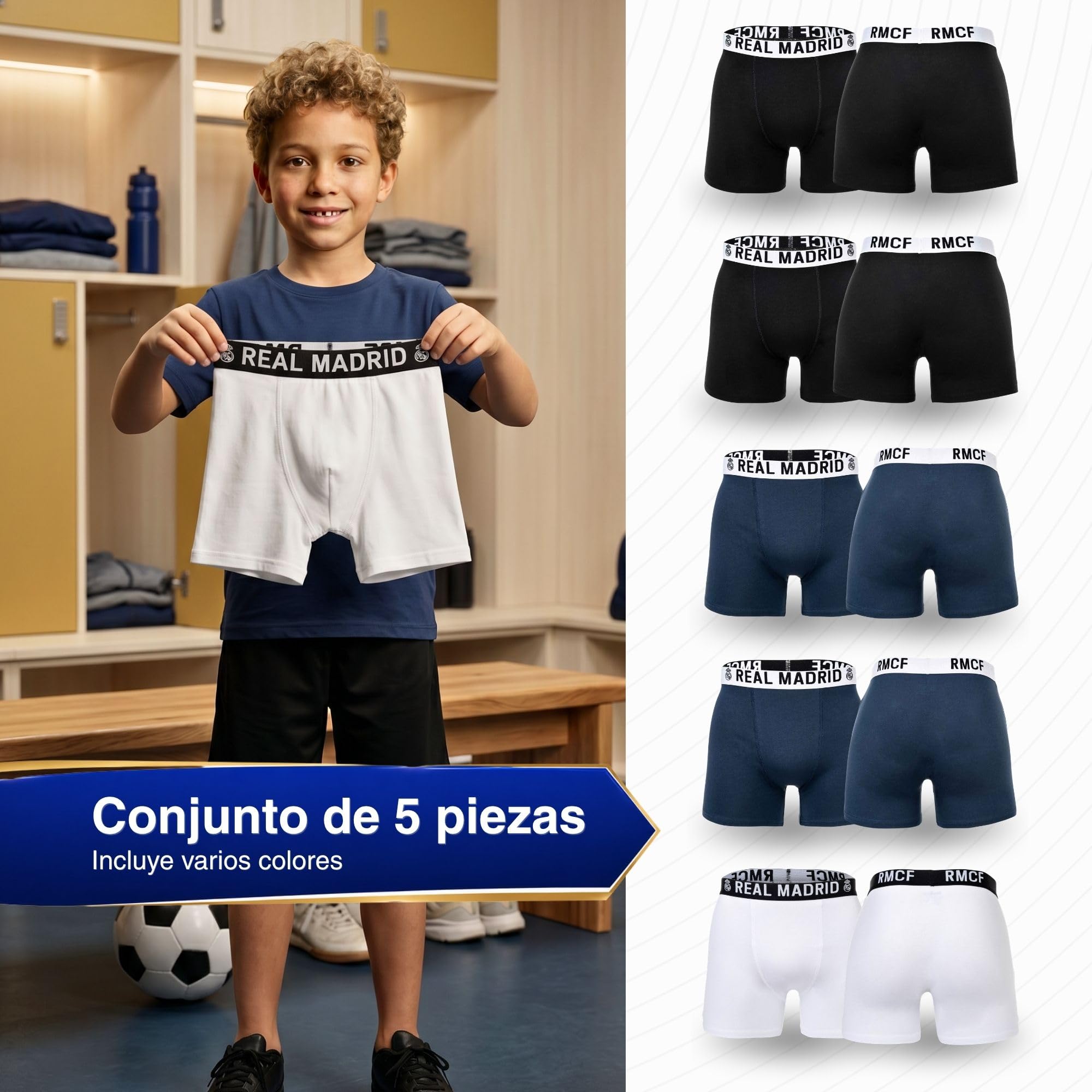 Real Madrid Bóxer Niño, Pack 5 | Producto Oficial con Licencia, Set Calzoncillos 95% Algodón, Regalo Fans Niños con Cinturilla Logo