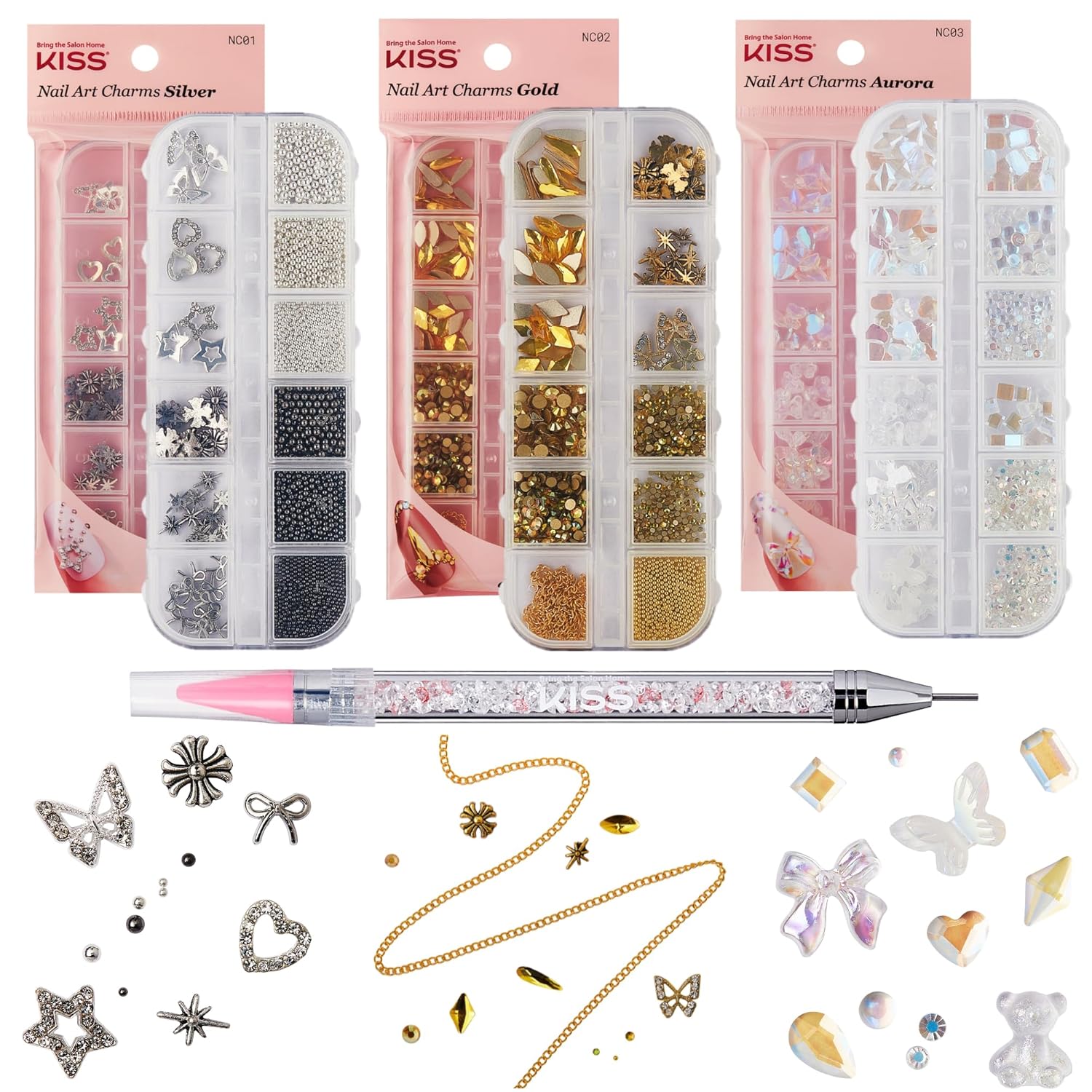KISS Nail Art Charms & Dual Ended Rhinestone Picker Tool Nail Decoration Set, 3D Jewelry & Gem Kit for Salon Quality Manicure, Supplies & Accessories (Silver + Gold + Aurora)