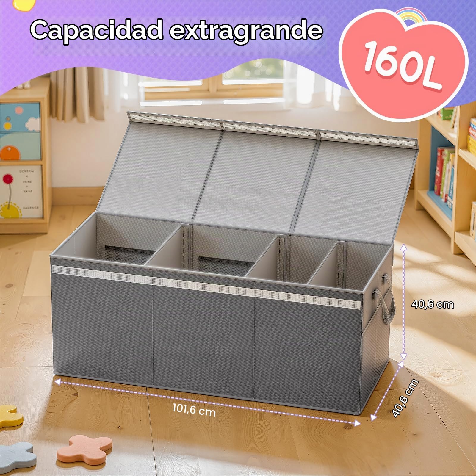 Lewondr 160L Extragrande Cesta de Almacenamiento para Juguetes con Tapas | Caja Plegable Almacenaje Juguetes Niños y Niñas, 3 Separadores Extraíbles, Salón y Guardería, 100 × 40 × 40 cm, Gris