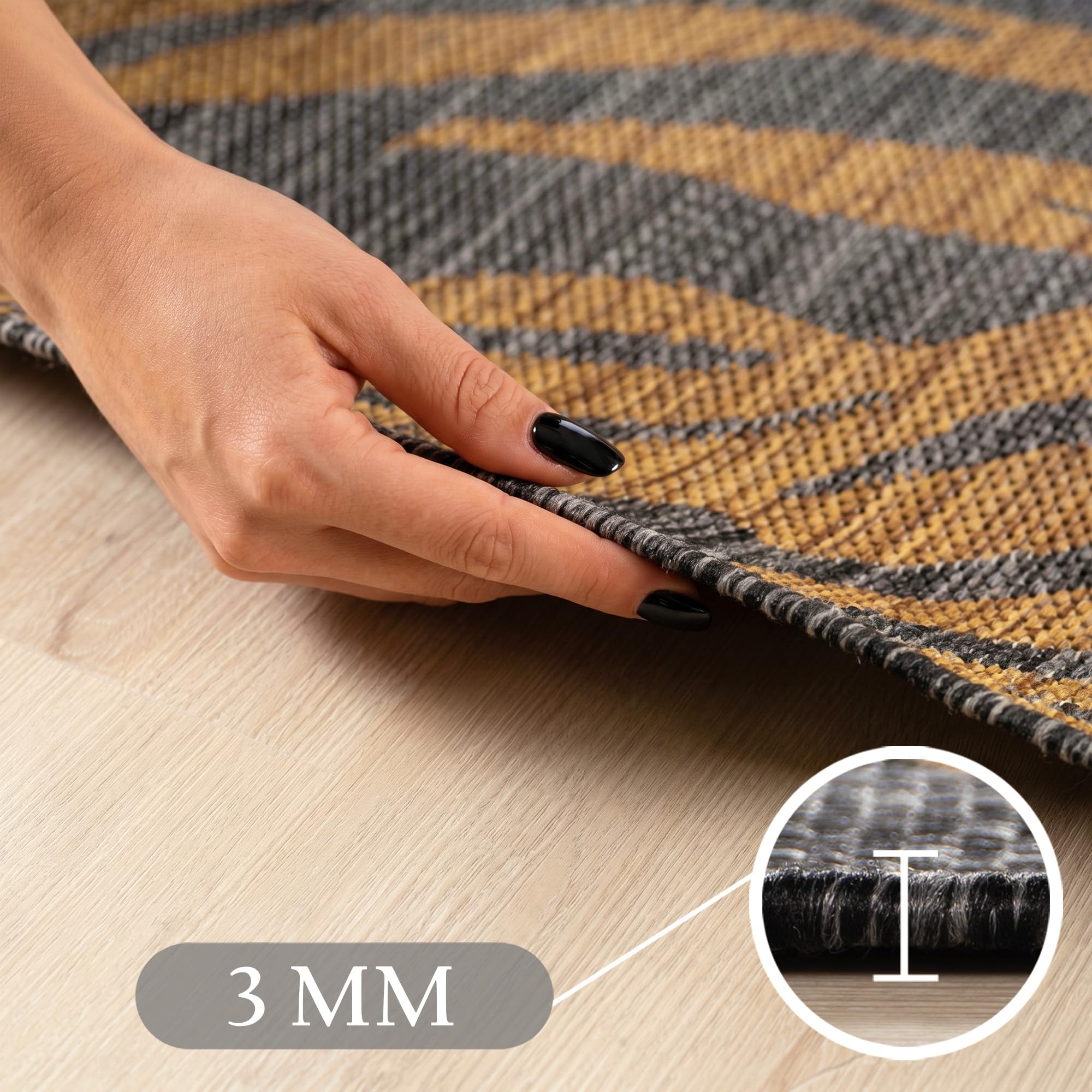 Teppium Outdoor Teppich Schwarz Natur Jute Optik Rund 160 cm Balkon Terrasse Garten Wetterfest UV-beständig Groß Palmblatt Flachgewebe Pflegeleicht Robust Modern