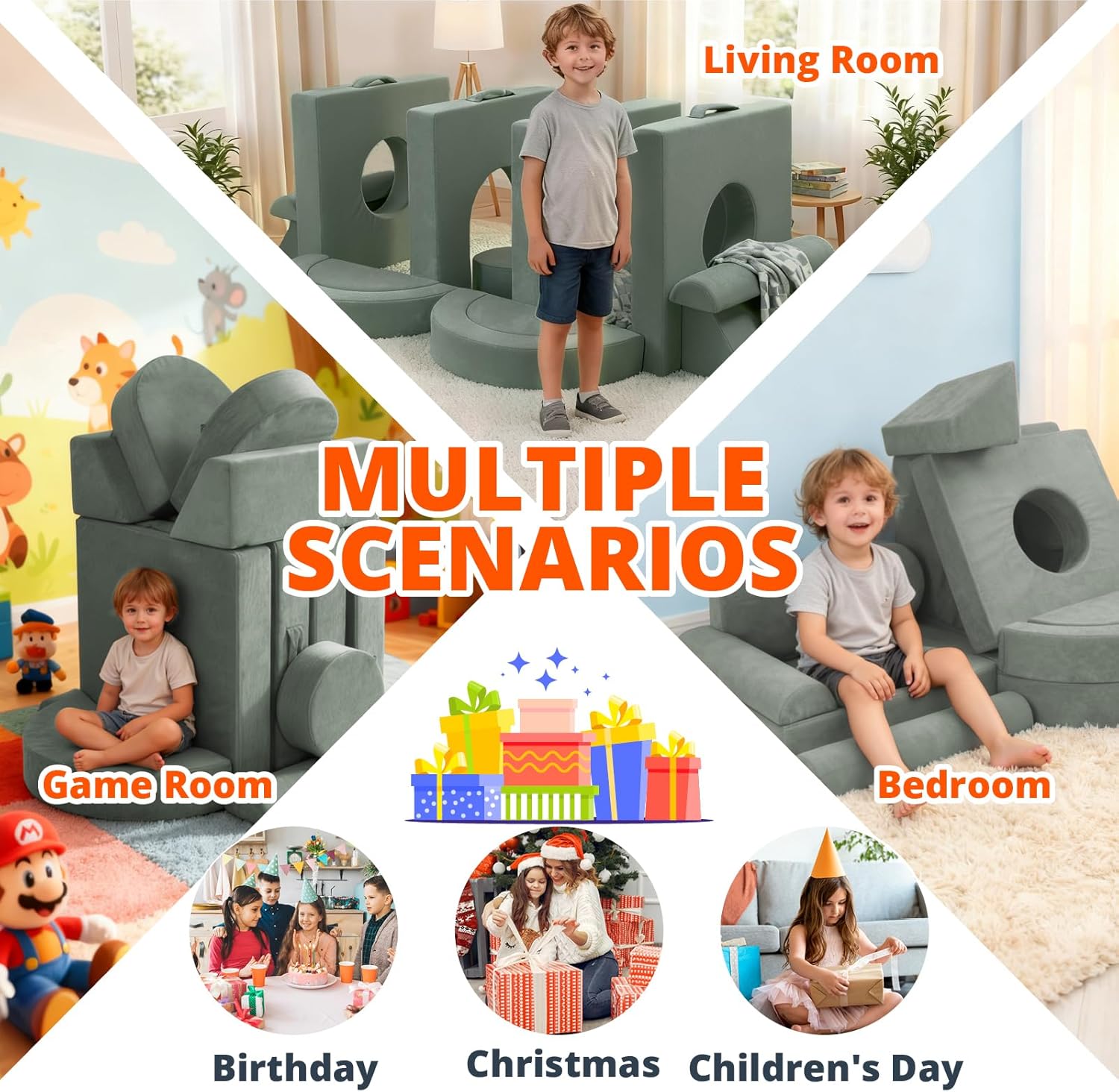 Modular Kids Play Couch 16pcs, Toddler Couch for Playroom, Bedroom, Toddler Modular Play Sofa, Kids Sofa Building Fort with Convertible Foam Cushion for Boys and Girls, Green