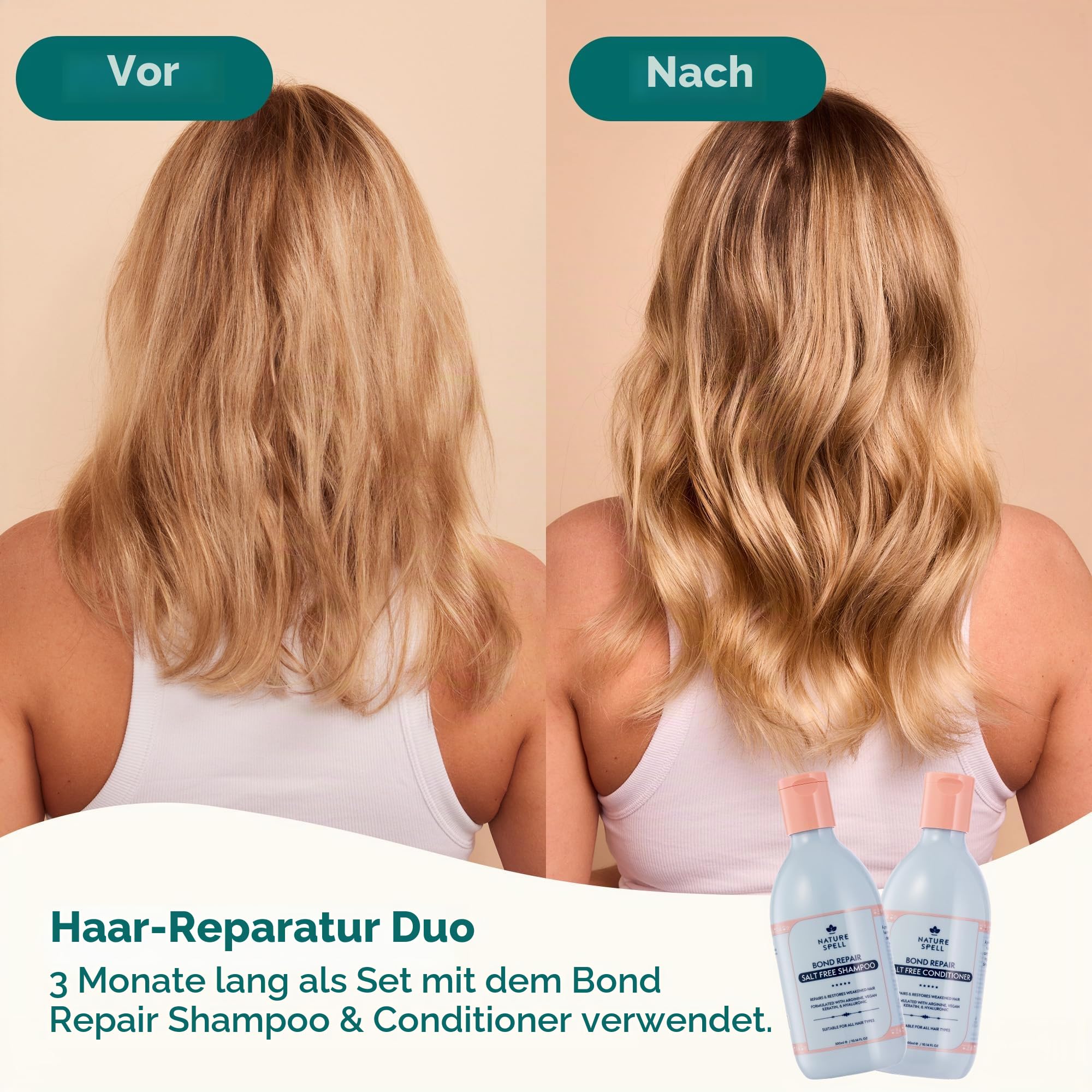 Nature Spell Bond Repair Shampoo- & Spülungsset, repariert geschädigte Haarstruktur und beugt Haarbruch vor, mit Hyaluronsäure, sulfatfrei, für alle Haartypen, vegan, 2er-Pack, je 300 ml