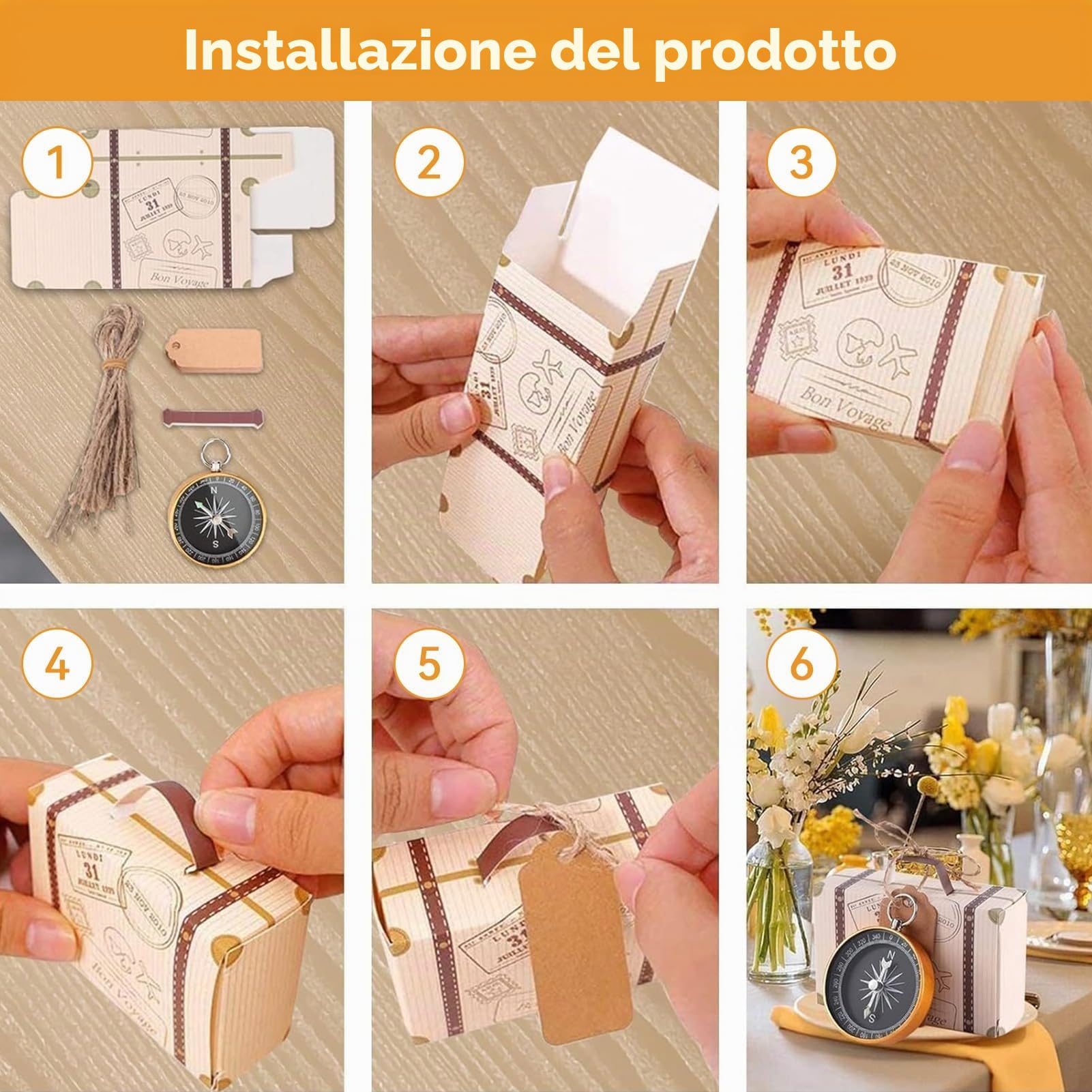 Mini Scatola Portaconfetti Valigia da 60 Pezzi, Scatola Portaconfetti da Viaggio Per Bomboniere in Cartone Kraft con Etichette, Spago di Tela E Bussola Per Feste a Tema Viaggi[Oro]