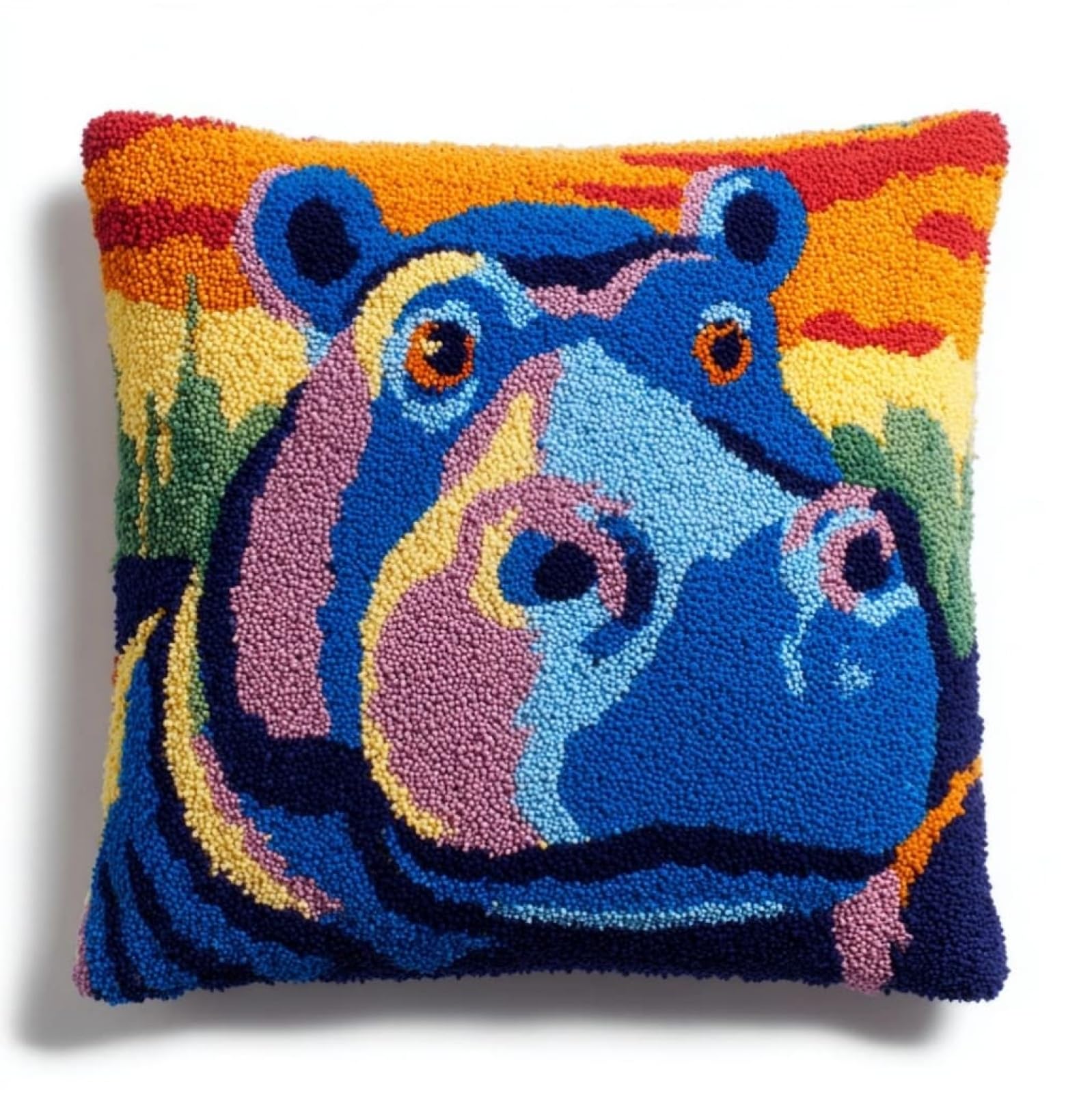 WallustrioaW Latch Hook Cushion Cover Kits 43x43cm,Animal Hippo