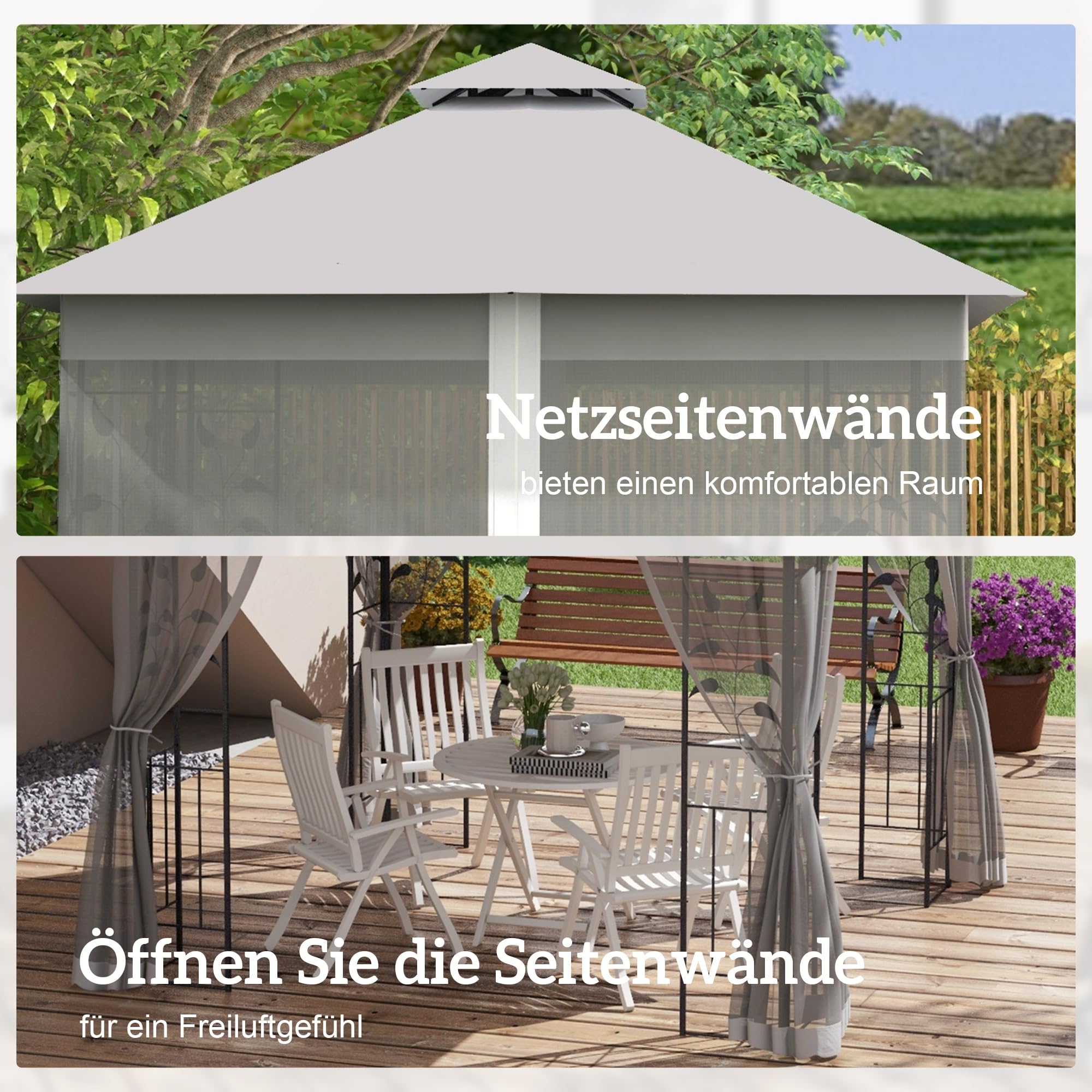 Outsunny Pavillon mit Doppeldach, 3x3 m Wasserabweisend Stabil Winterfest Gartenpavillon mit Moskitonetz, Garten Pavillon aus Stahl, Partyzelt für Garten, Terrasse, Hellgrau