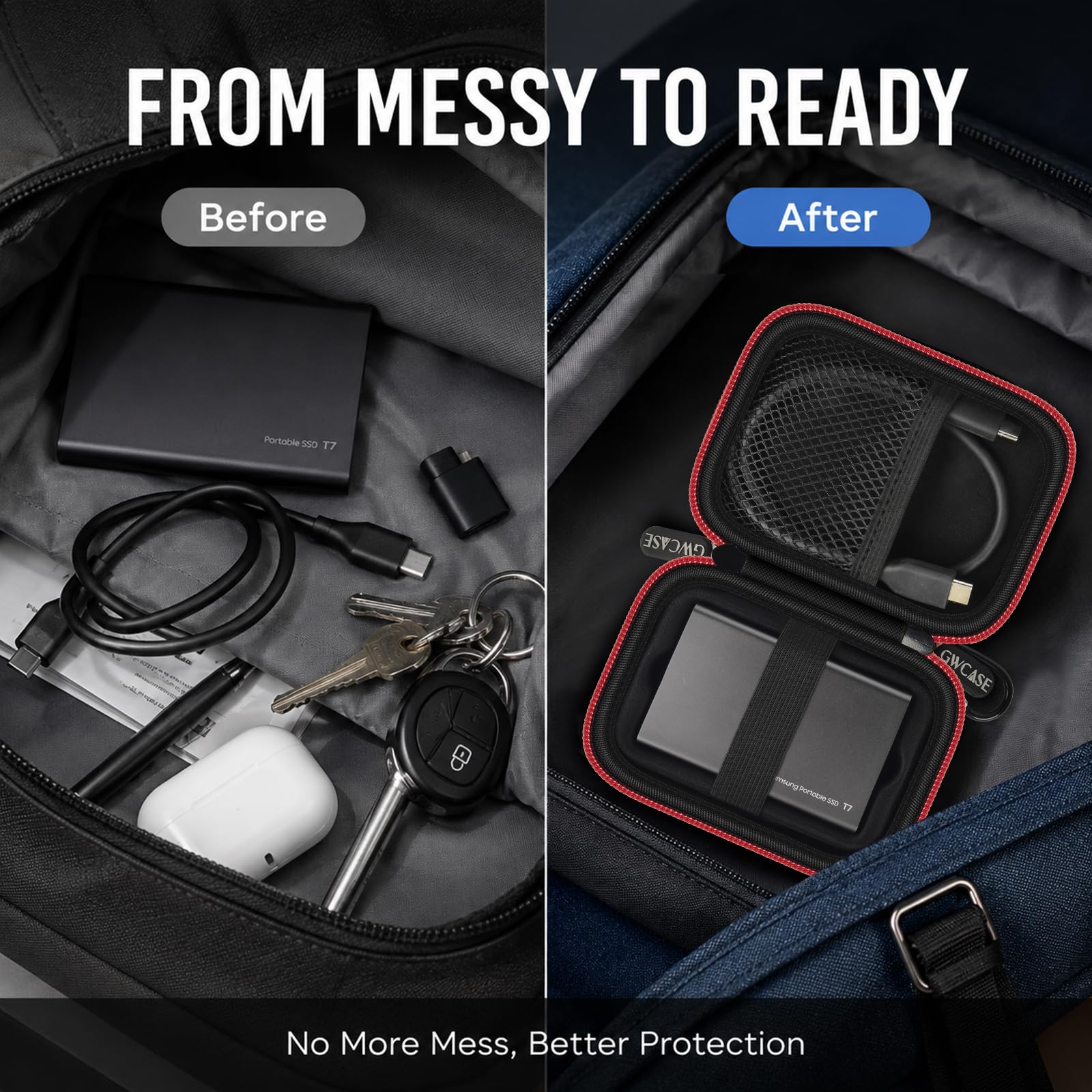 GWCASE Funda rígida compatible con Samsung T7 / T7 Touch SSD portátil, organizador de viaje a prueba de golpes con bandeja interior extraíble y trabillas para los dedos, bolsillo de malla para cables