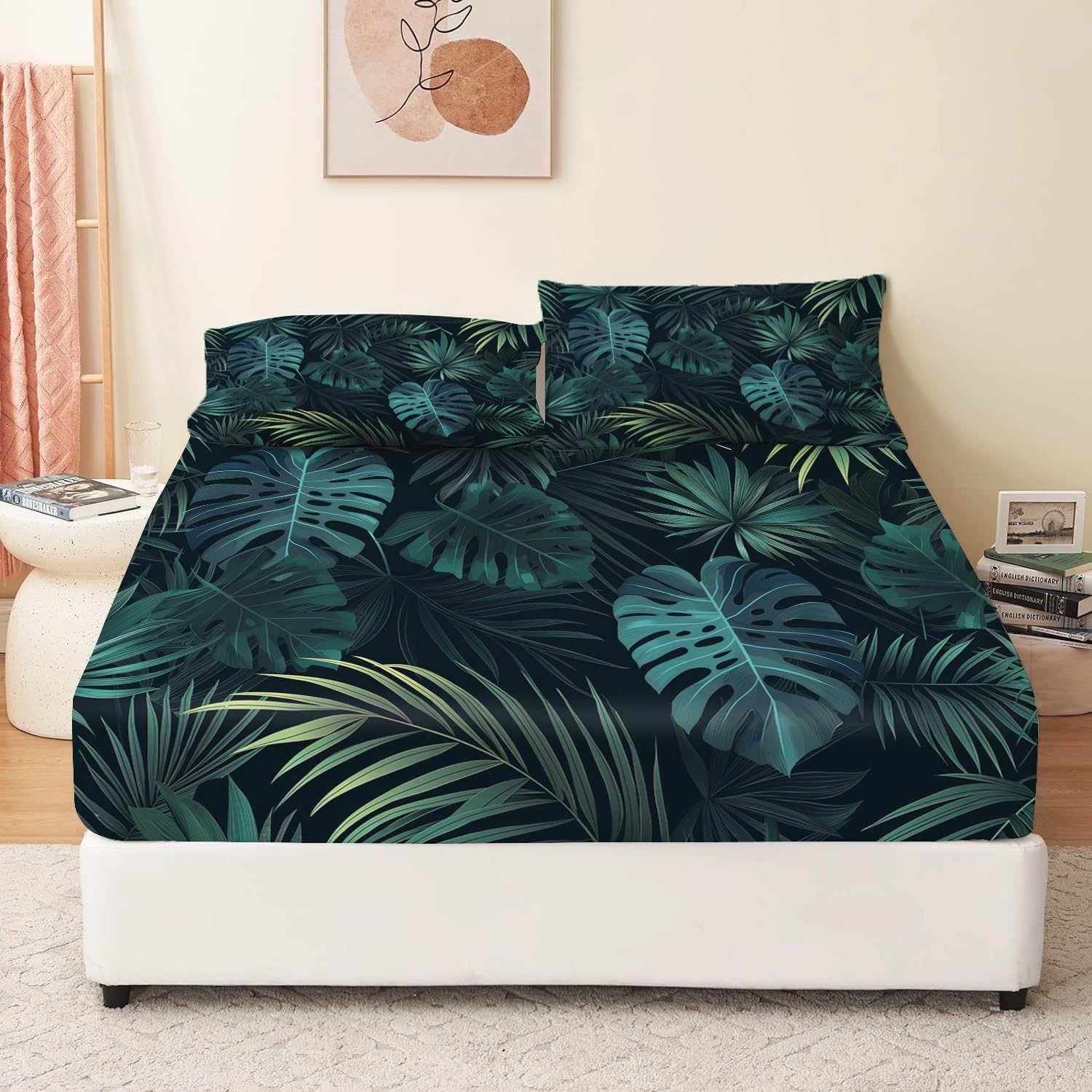 Lenzuolo con angoli con foglie tropicali, facile da pulire, in morbida microfibra spazzolata, 160 x 200 + 30 cm, lavabile in lavatrice, 30 cm, con angoli profondi.