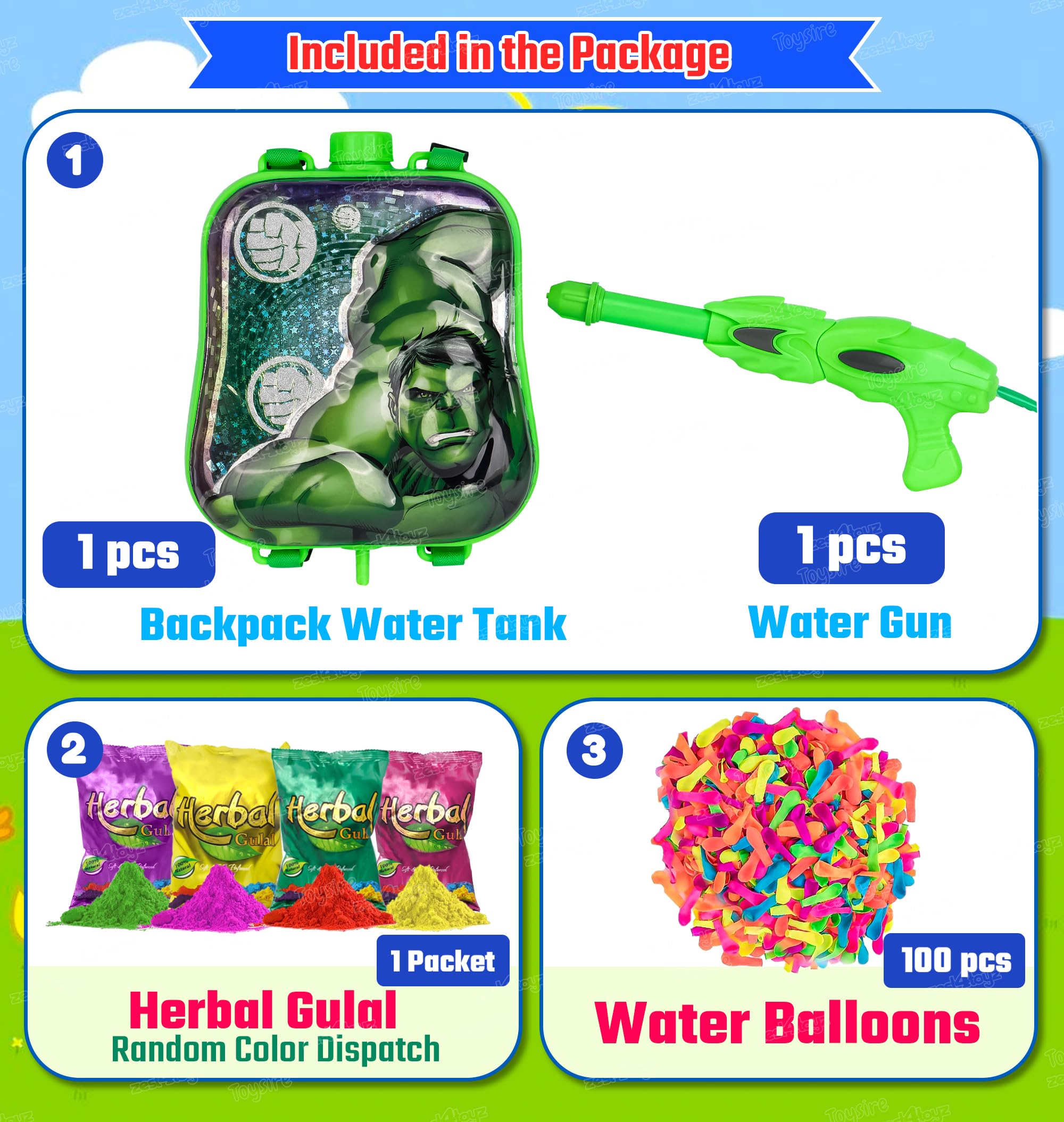 Zest 4 Toyz Holi Pichkari Water Gun for Kids Powerful High Pressure Water Tank with 1 Pkt Herbal Gulal & 100 Balloon - Hulk (Super Tank)- Boys and Girls 3