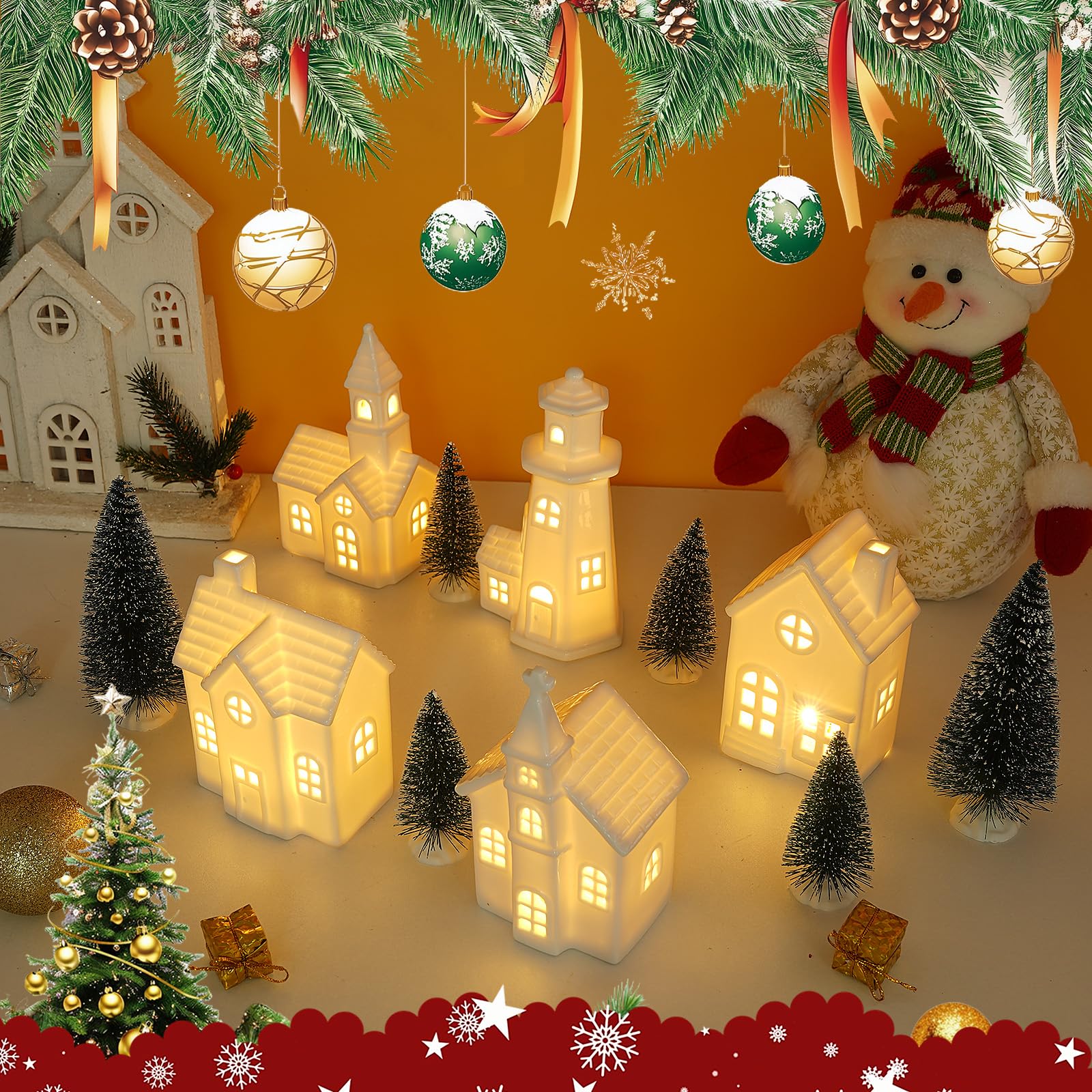 Weihnachtsdorfhäuser aus Keramik, beleuchtetes Weihnachtsdorf-Set mit Timer, Porzellan, Weihnachtsdorf-Sets, Keramikhäuser und Dörfer für Weihnachtsfiguren, Heimdekoration, 11 Stück