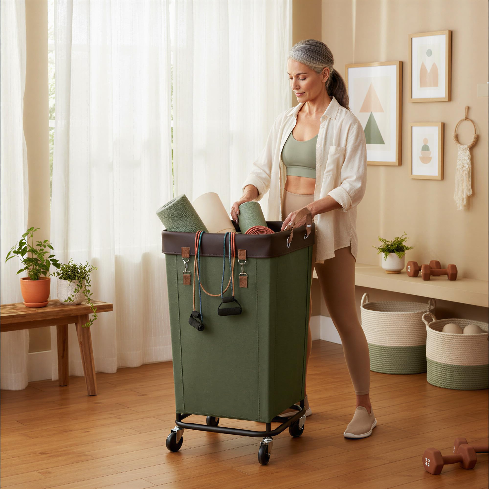 StorageWorks 160L Wäschesammler mit Rädern, großer Wäschekorb auf Rollen für Wäsche, Wäschewagen mit abnehmbaren Stofftaschen für schmutzige Kleidung für Hotel Zuhause Schrank Wohnheim, armeegrün