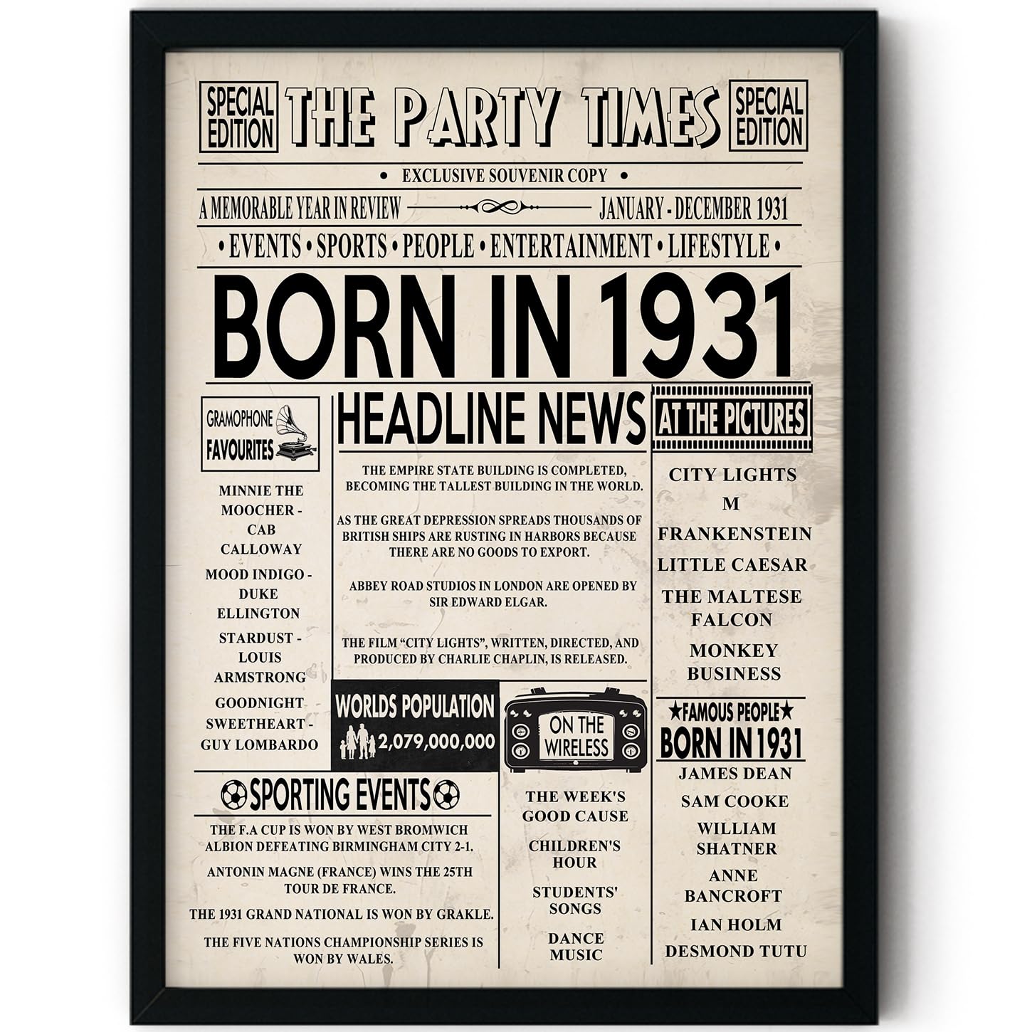 Stuff4 Men's 1931 95Th Birthday Poster Framed - Born In Newspaper - Happy 95Th Birthday Gifts For Wo Vintage Retro Back In 8X10 Inch Bday Party Decor Decoration