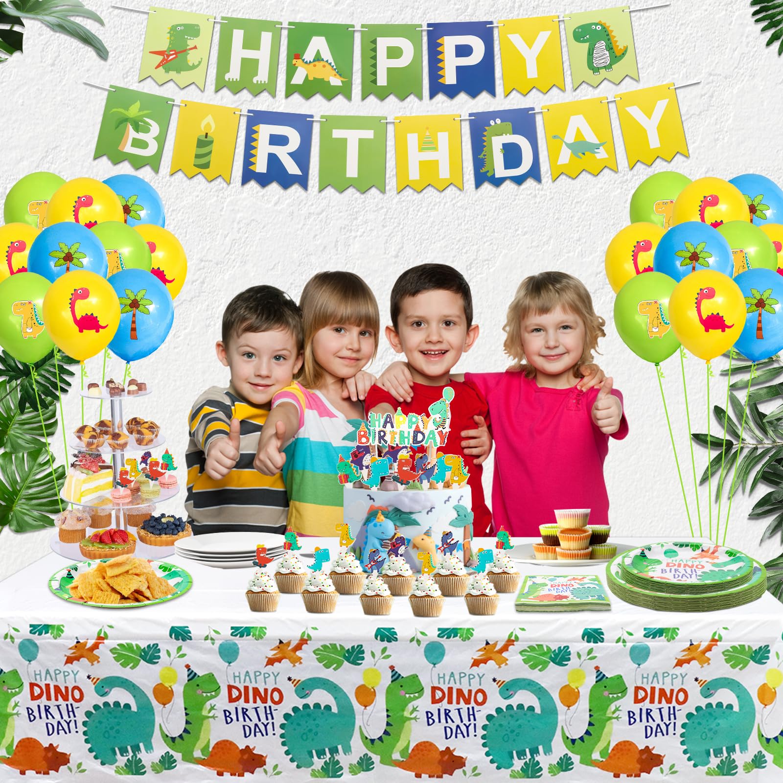 123 Confezione Dinosauro Set di decorazioni per la festa di compleanno di Dino: piatti, tovaglioli, striscione di compleanno, tovaglia per 40 invitati.