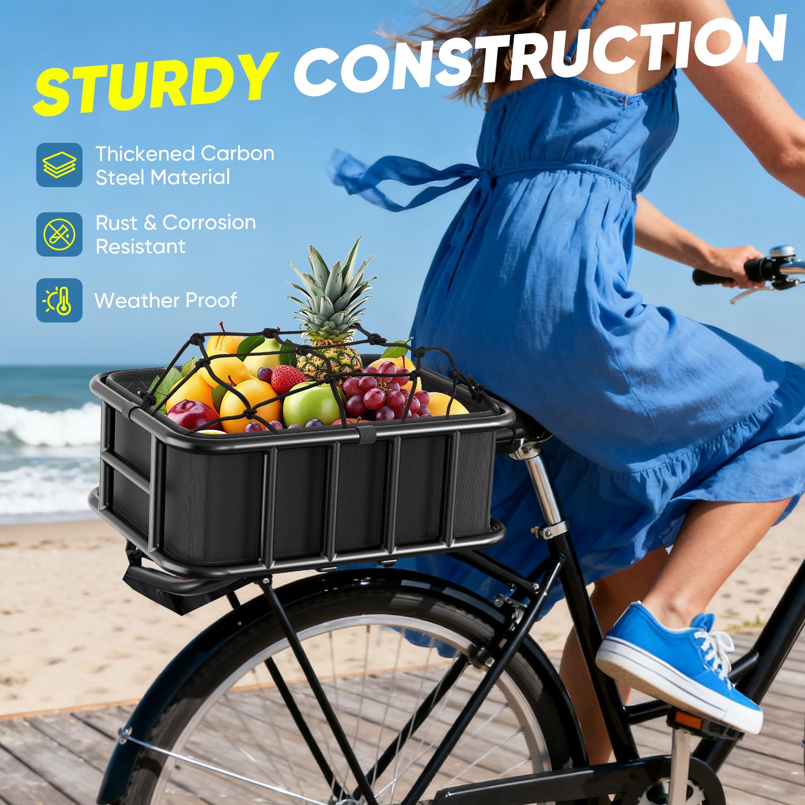 Panier Arrière de Vélo, Charge de 30KG Panier Arrière de Vélo en Métal avec Filet de Chargement et Doublure, Utilisé pour Le Transport de Fruits et Légumes(y Compris Les Outils D'installation)