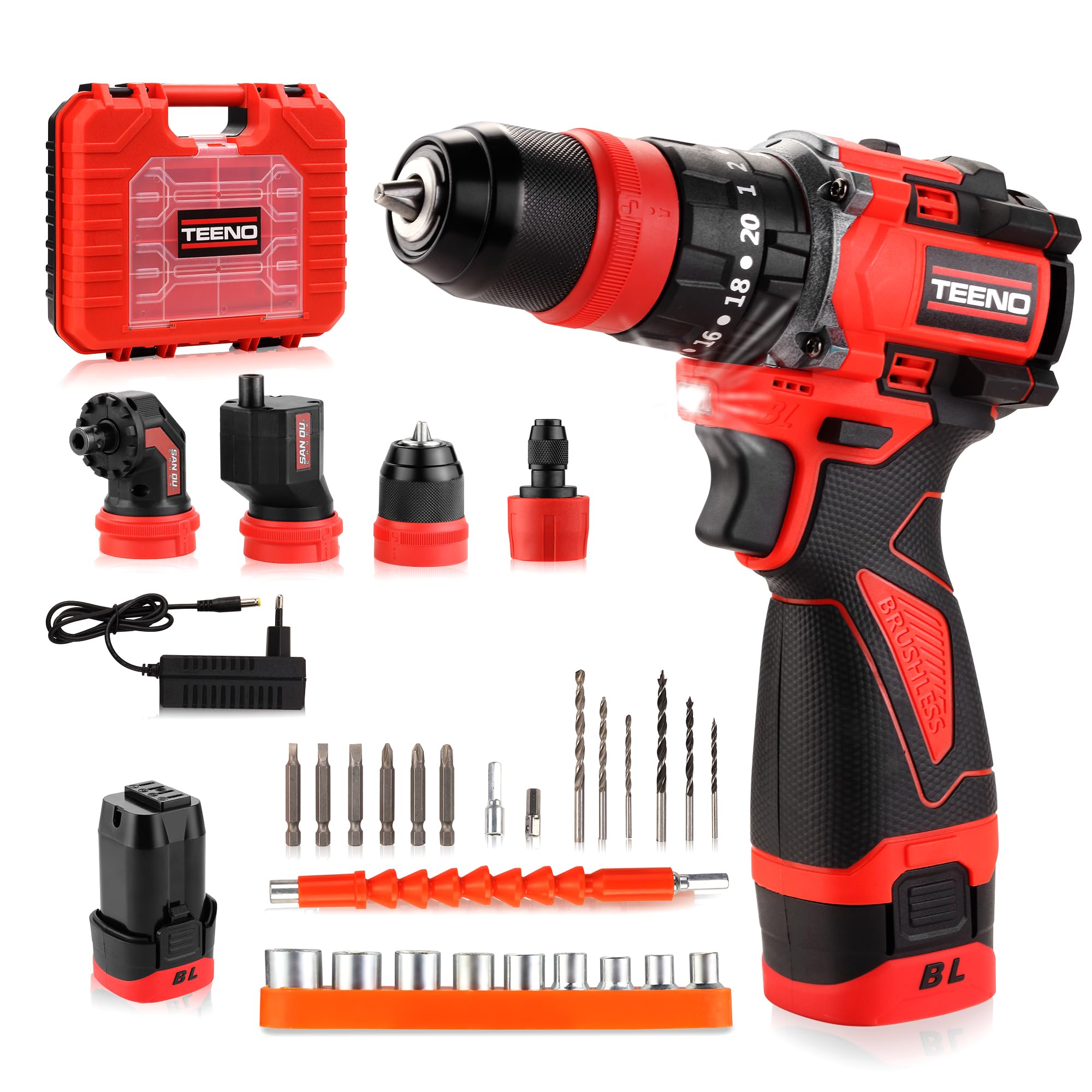 TEENO 18V Brushless Multifonctionnel Kit Perceuse Visseuse sans Fil à Percussion 45Nm, 4 en 1 avec 2 Batteries 2,0Ah, Système Multi-Têtes 20+3 Couple, 2 Vitesses, Mandrin Rapide, LED pour DIY