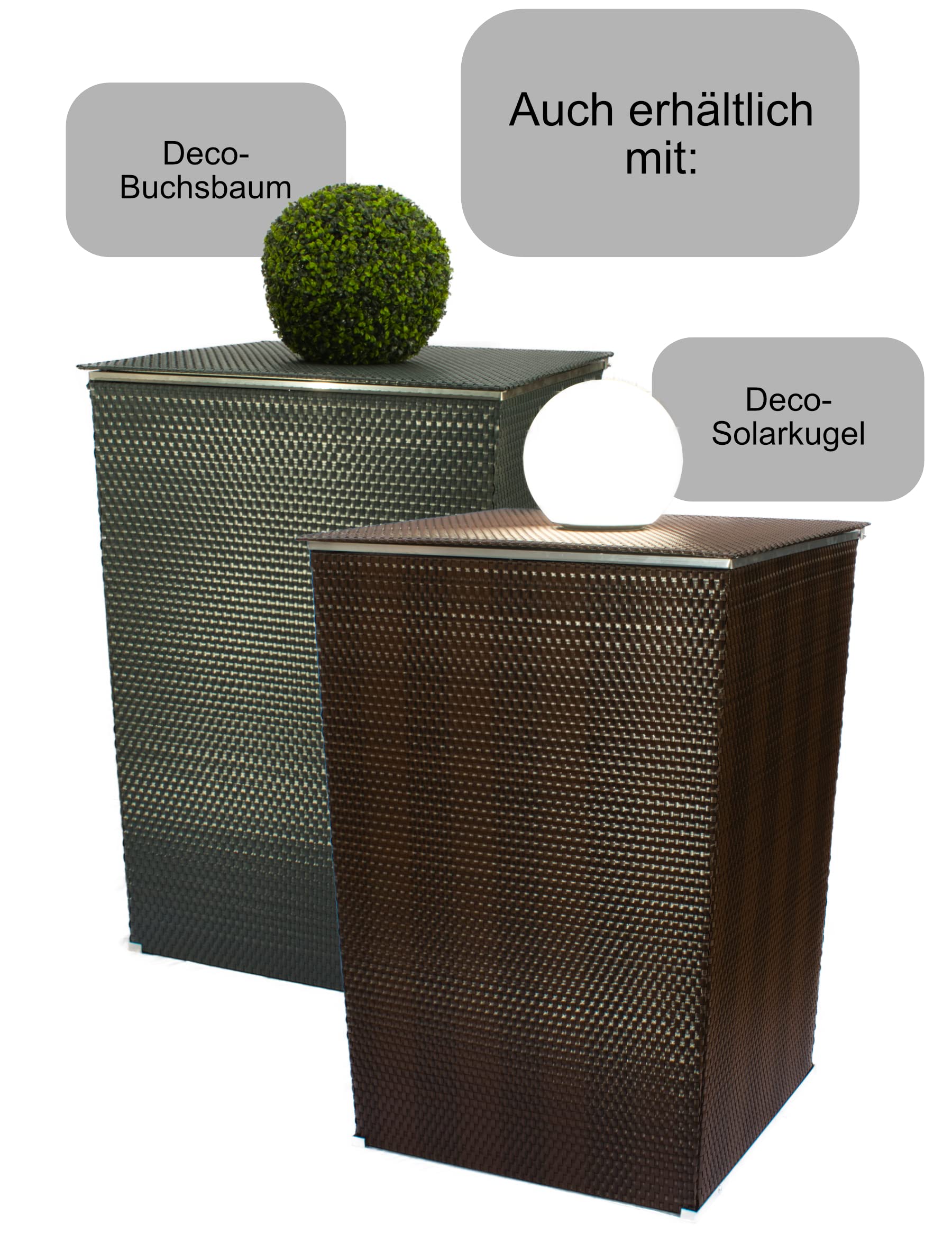 Mülltonnenverkleidung Rattanoptik für 120L–240L Tonnen – wetterfeste Mülltonnenbox aus Metall & Polyrattan – braun – mit Gasdruckfeder – RYBE