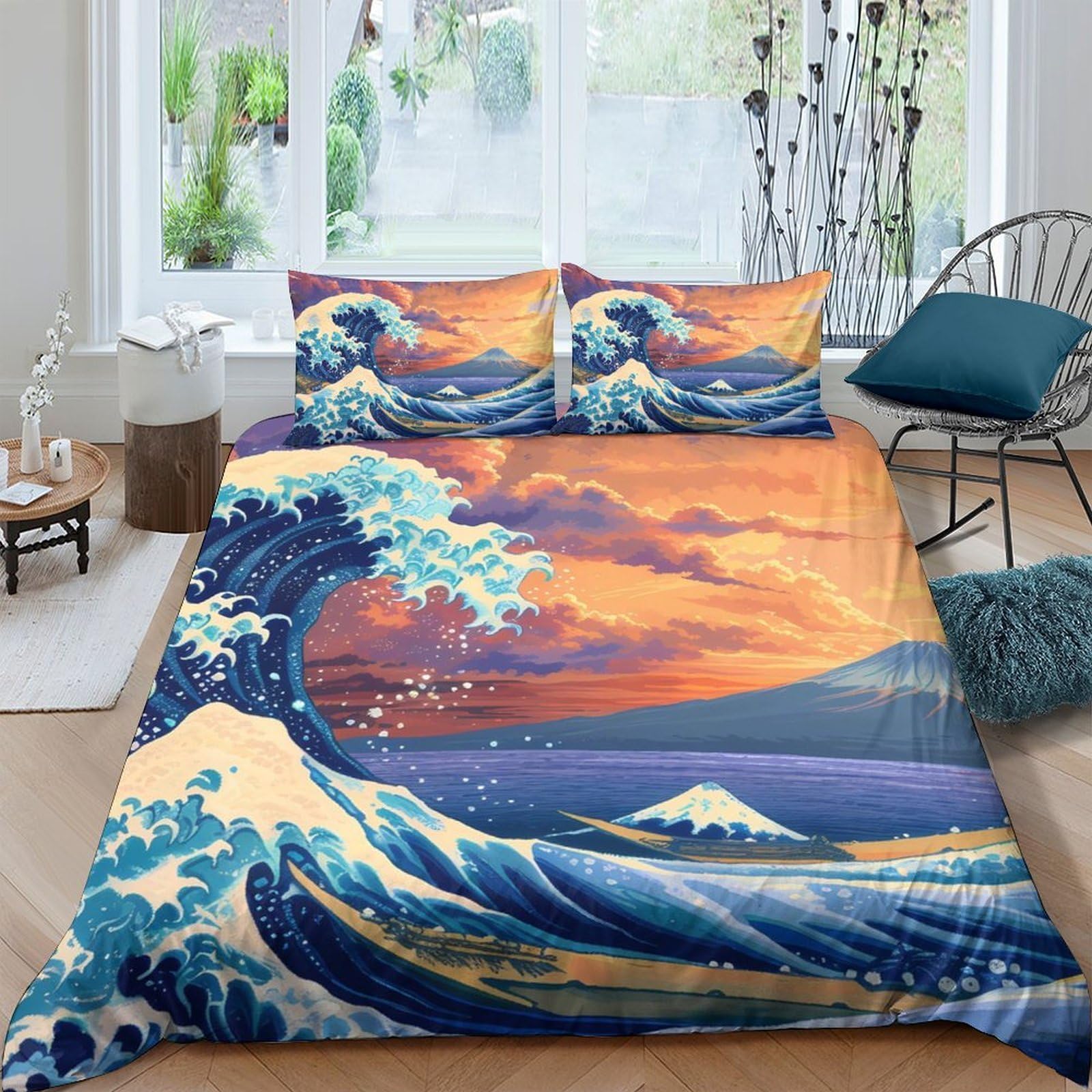 Ctjqhvkz Style-4 3D Printed Great Wave Sunset Fitted Sheet Microfiber Soft Breathable Mount Fuji Bed Cover For Bedroom Dorm Decor Single（135X200cm）