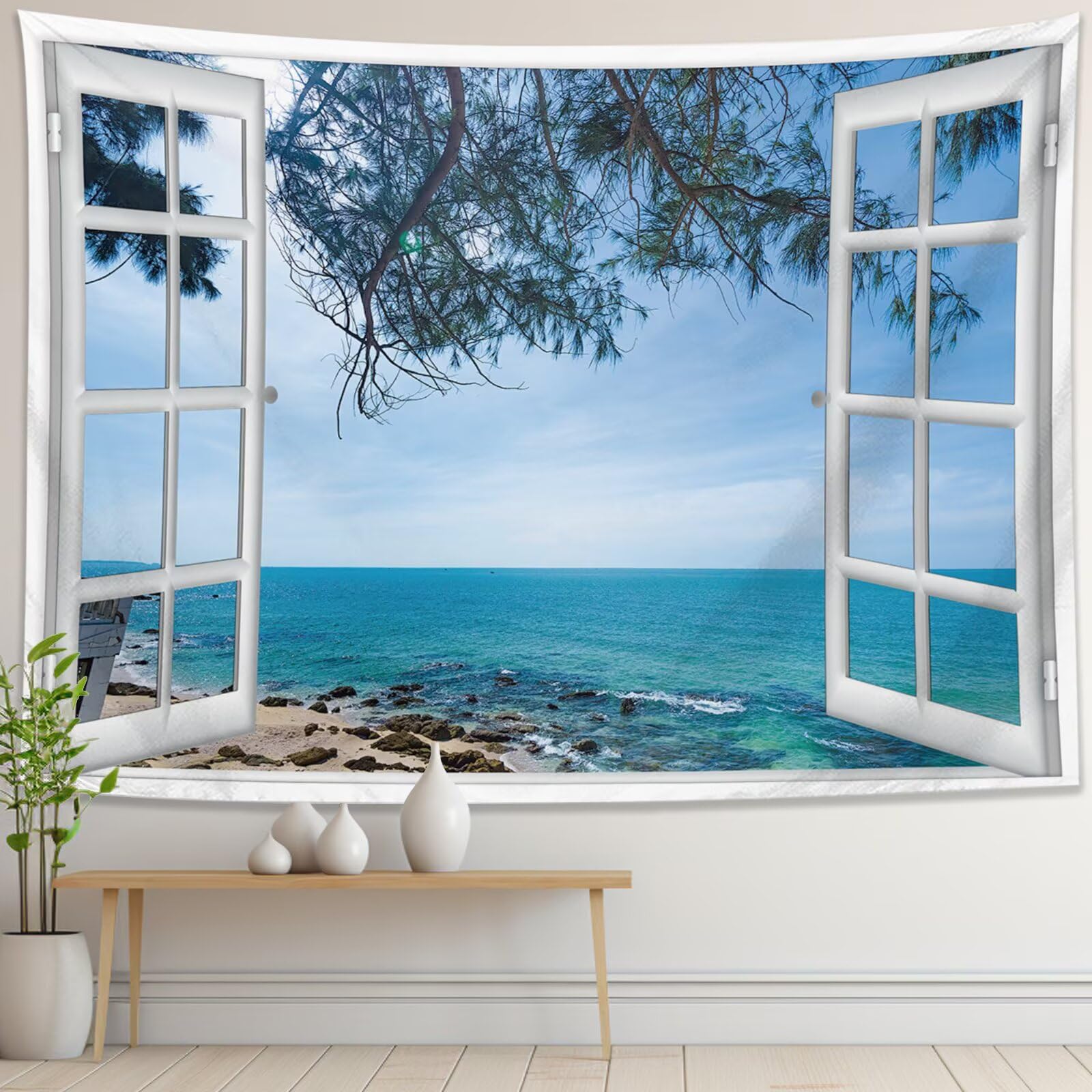 Ocean Beach Window Blue Tapestry Wall Hanging Tree Cool Coastal Seaside Landscape Nature Scenery Cute Small Fabric Tapestry Aesthetic for Office Bedroom Living Dorm Room Backdrop Wall Decor 40×60 inch