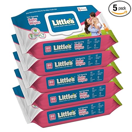Little's Soft Cleansing Baby Wipes with Lid | 80 Wipes x Pack of 5 - 400 Wipes | Extra Thick & Moist Wet Wipes for Baby's | Prevents Rashes & Redness with Goodness of Aloe Vera, Vitamin E & Jojoba Oil