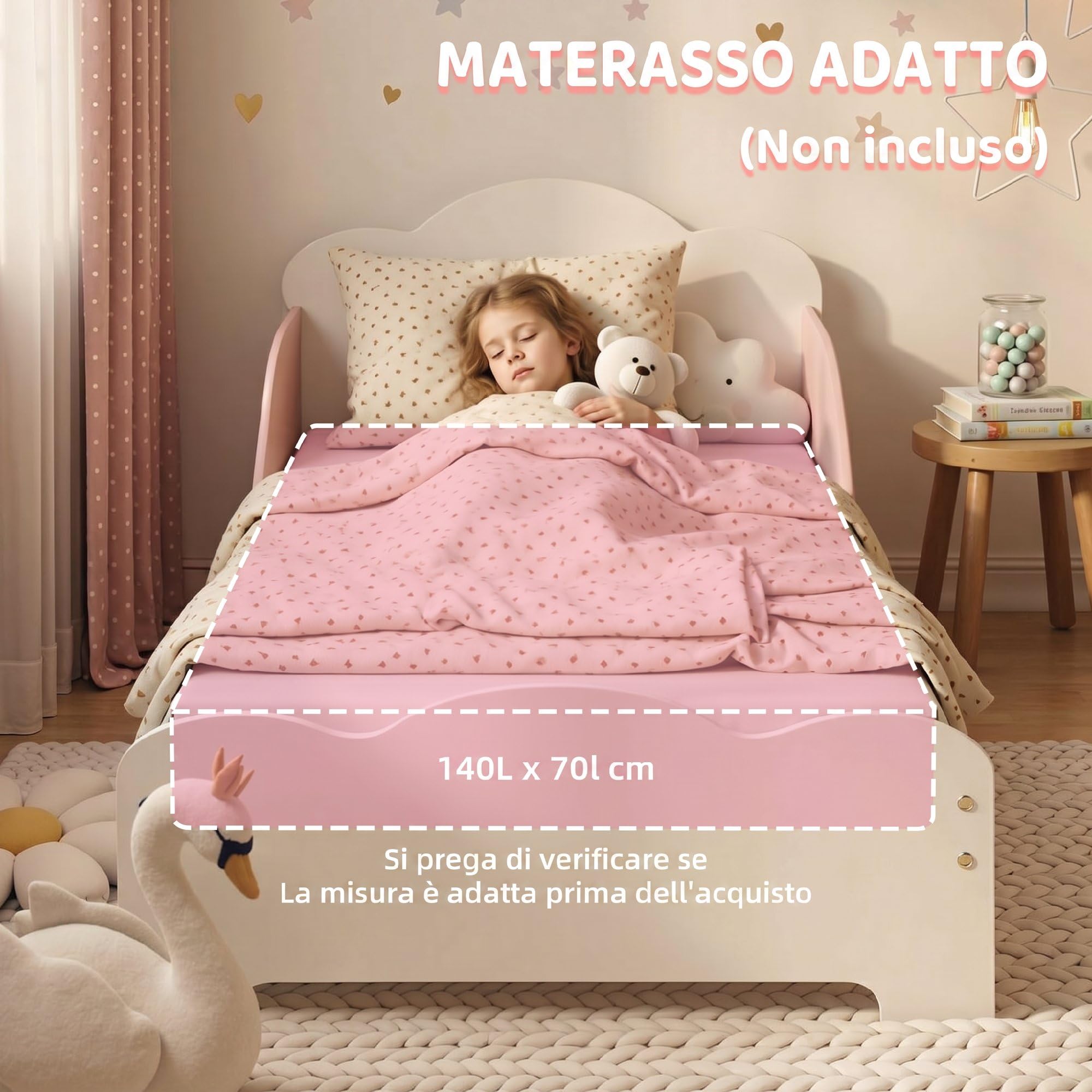 AIYAPLAY Letto Montessori per Bambini 3-6 Anni in Legno 143x77 cm Rosa | Lettino Singolo per Bambini, Sponde Anti-Caduta, Rete a Doghe, Forma di Nuvola, per Cameretta