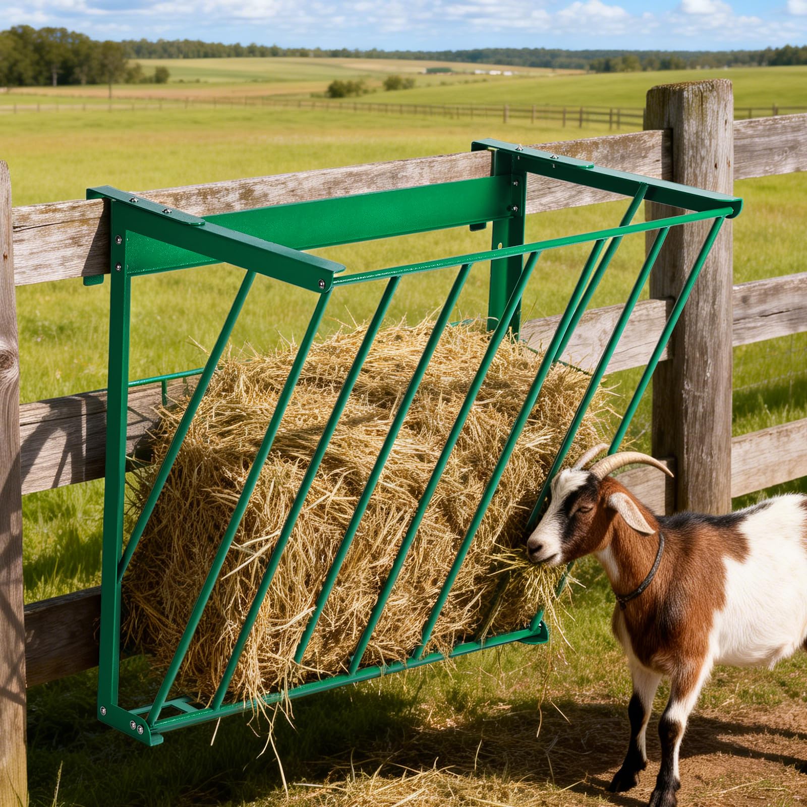 Duży podajnik siana dla owiec i kóz 2 w 1 Hay & Ziarno/Salt Feeder Owce z kratką oszczędzającą żywność i regulowane haczyki do różnych stajni i kojców (zielony)