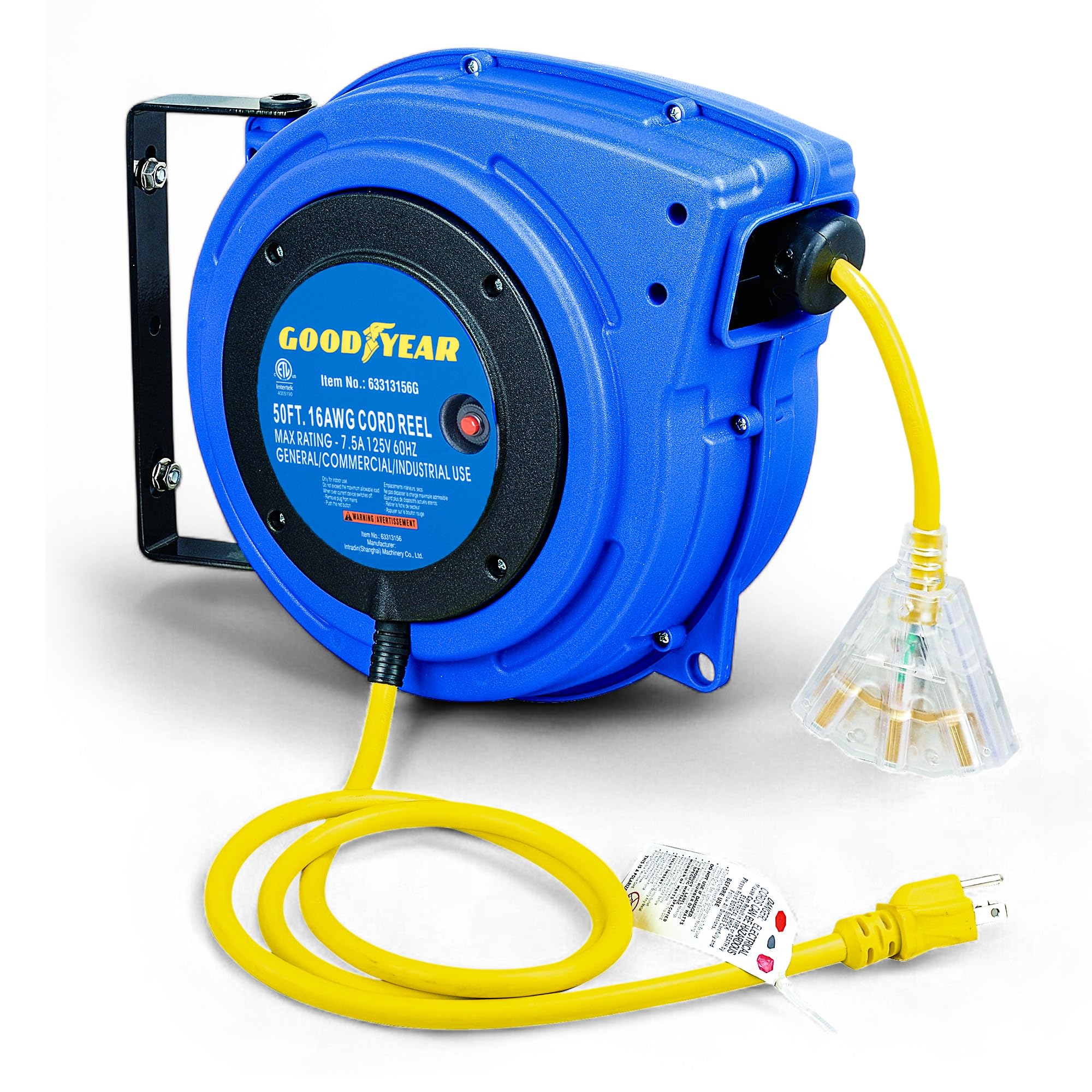 Goodyear Extension Cord Reel Retractable 16AWG x 50' Foot 3C/SJTOW Commercial Cable LED Triple Tap Connector Power 10A 125VAC 938W