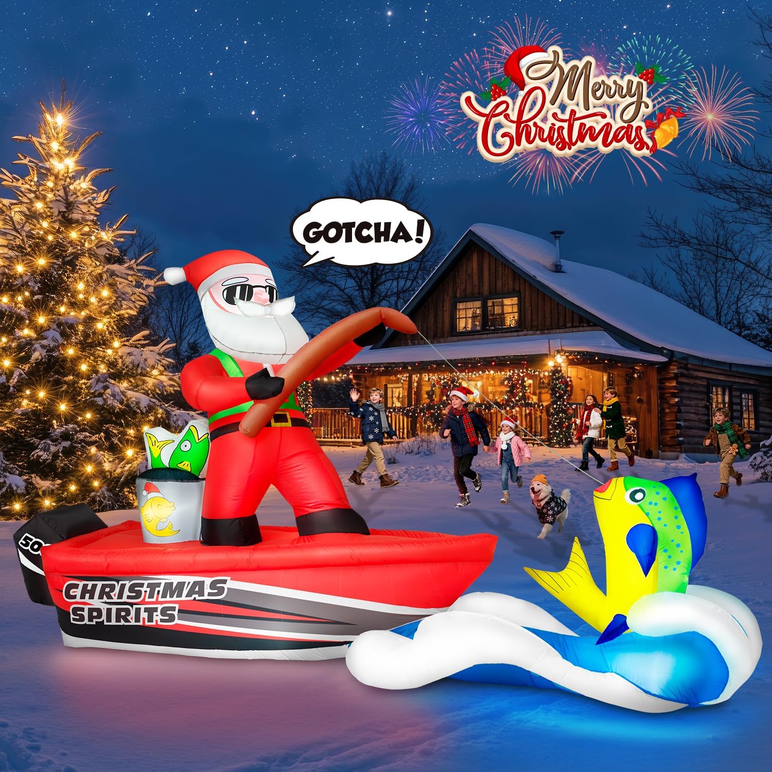 12FT Long Christmas Inflatables Santa Sea Fishing on Giant Boat, Christmas Decoration Outdoor Huge Blow Up Yard Decorations Large Blowups with LED Lights for Xmas New Year Holiday Party