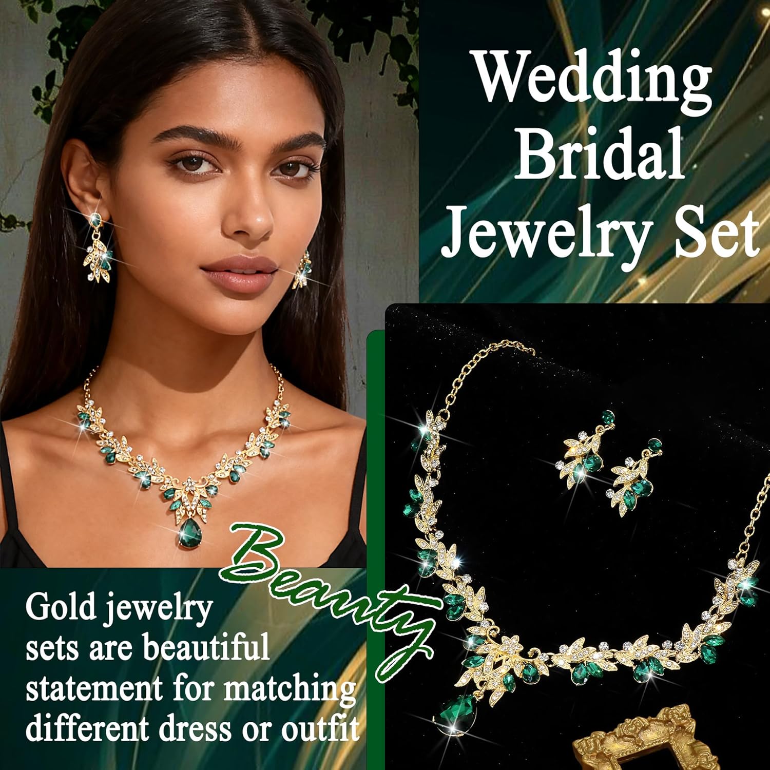 Green Jewelry Sets Wedding Necklace and Earrings Set Gold Plated Teardrop Pendant Necklace Leaf-Shape Rhinestone Jewelry for Brides Women Formal - Image 6