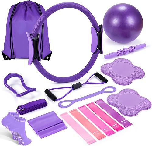 Juego de 17 piezas de anillo de pilates, accesorios de equipo, entrenamiento, incluye pelota de pilates, círculo mágico, anillo de yoga, rodilleras