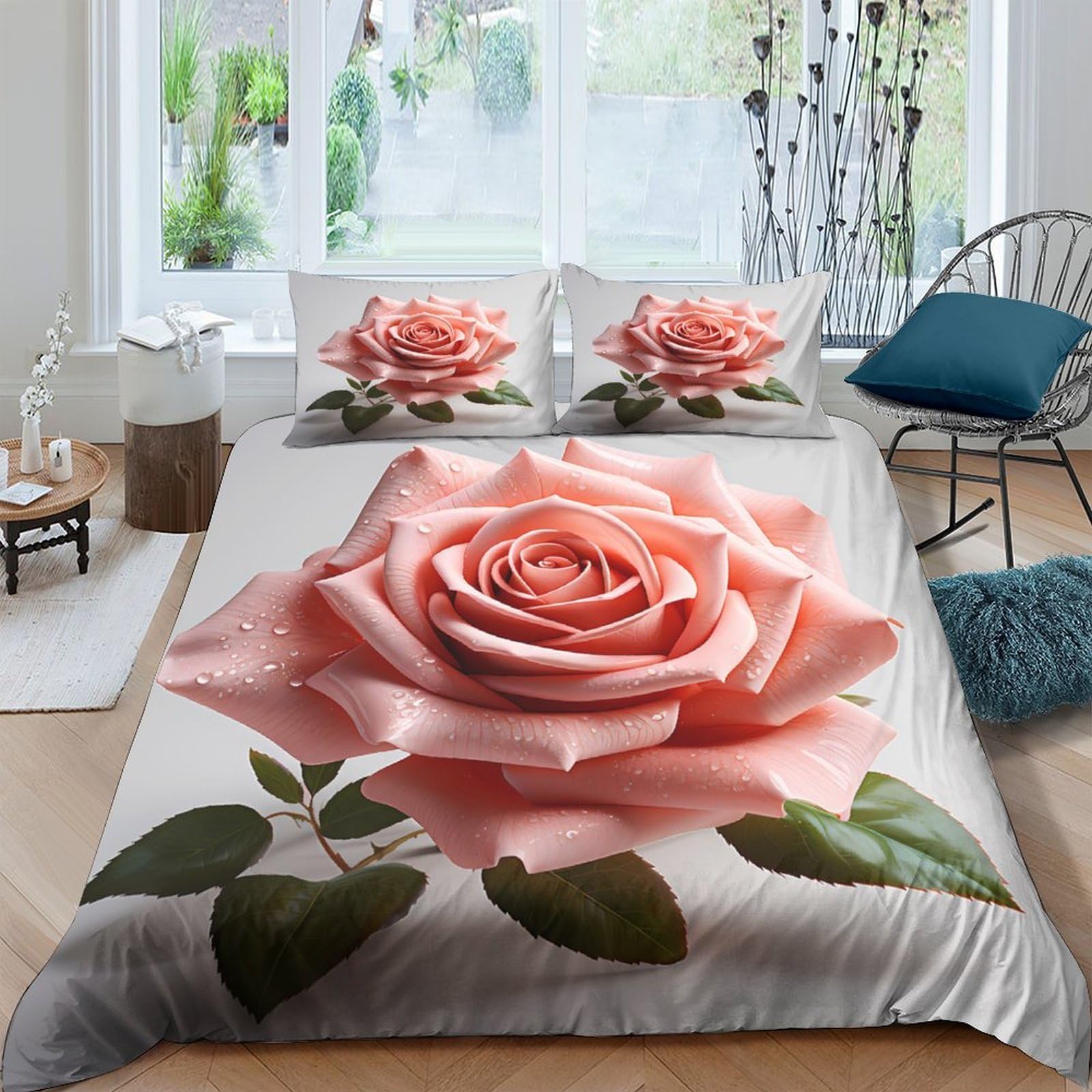 GPLZQXKJNH 3D Printed Pink Rose Duvet Cover Microfiber Soft Floral Quilt Cover with 2 Pillowcases for Bedroom Dorm Decor Single（135x200cm）