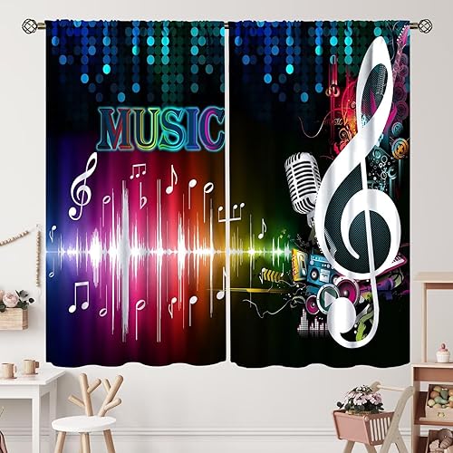 Miniatura 46 de Cortinas de notas musicales, rústicas, mágicas, notas musicales, arte retro, piano y violín, cortina con bolsillo para barra para dormitorio, sala