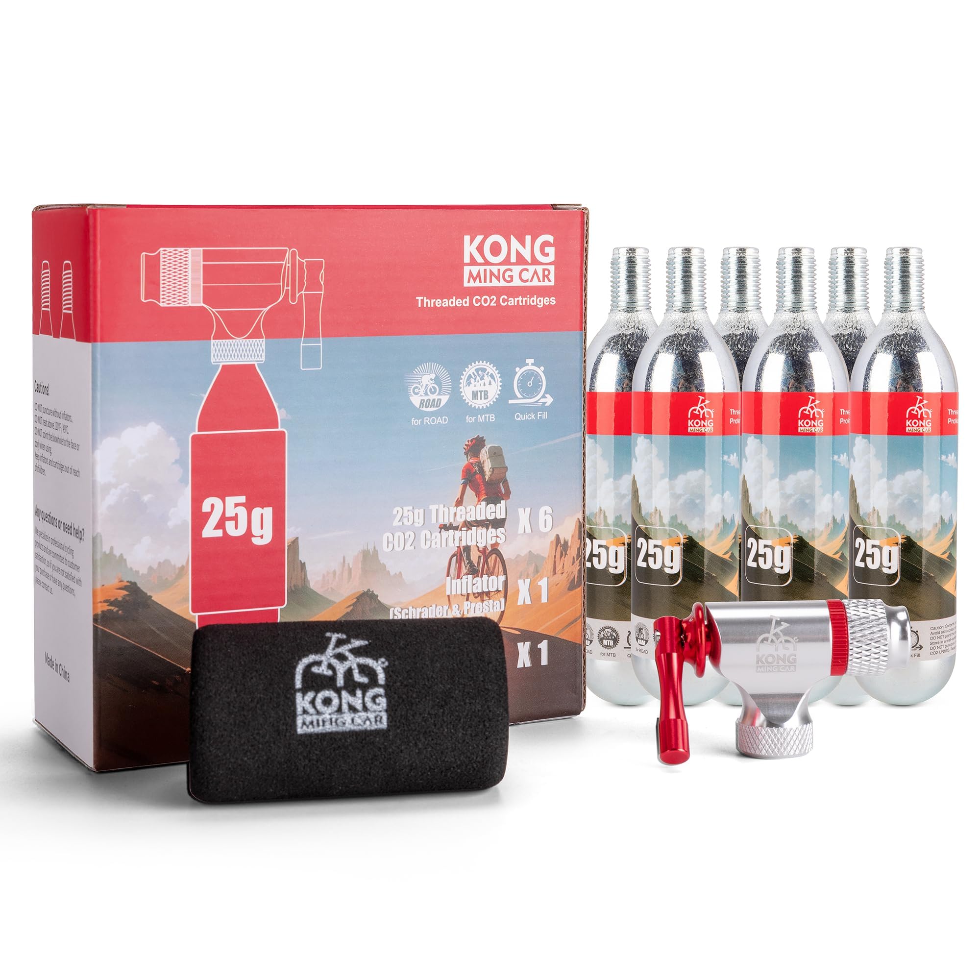 Kit de Gonfleur CO2 Vélo avec 6 Cartouches Filetées 16g/25g Compatible Presta Schrader
