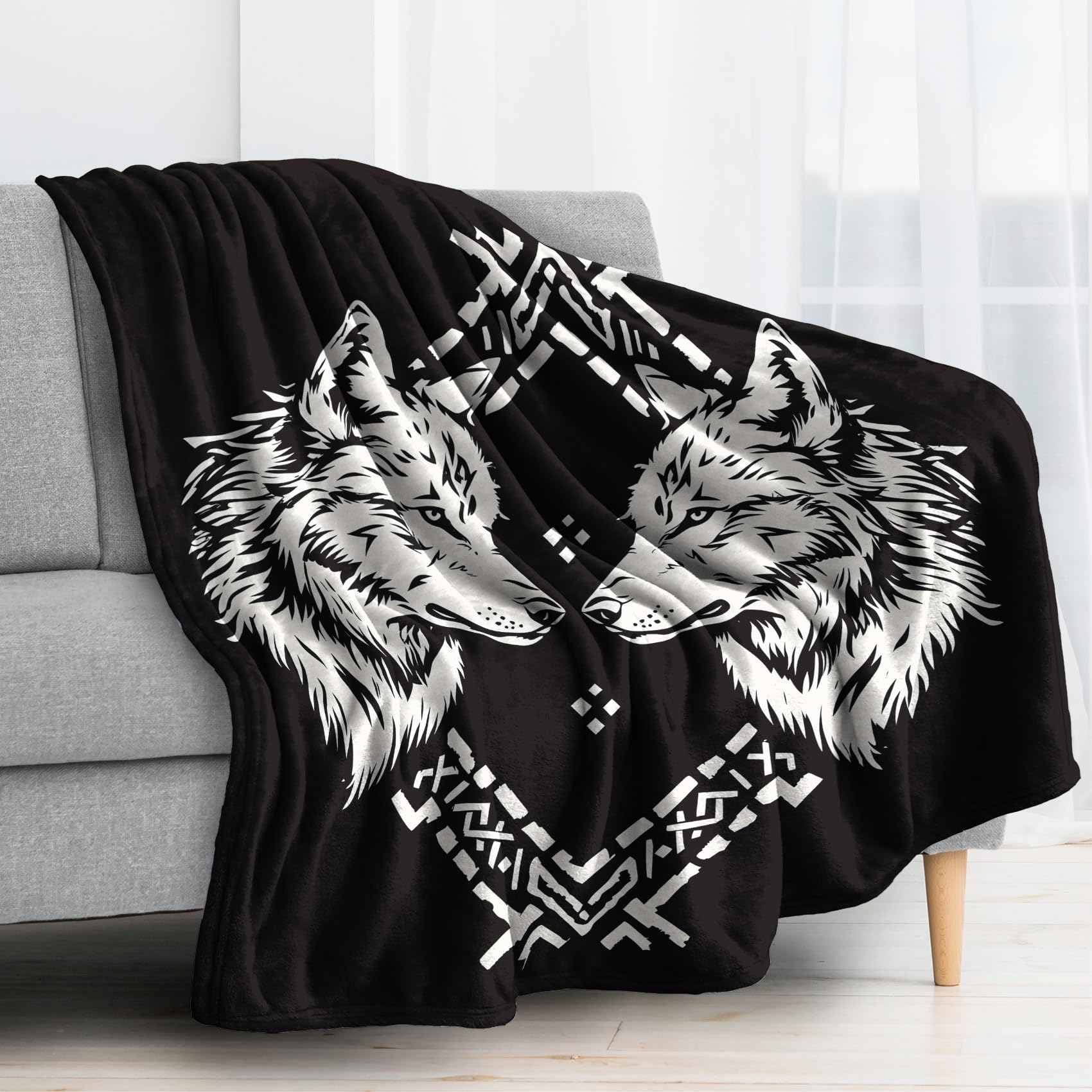 Plaid Polaire, Motif Loup Viking, Couverture Lit 2 Personnes, Jete de Canape Grande Taille 230x270, Couvertures et Plaids Flanelle Ultra Doux