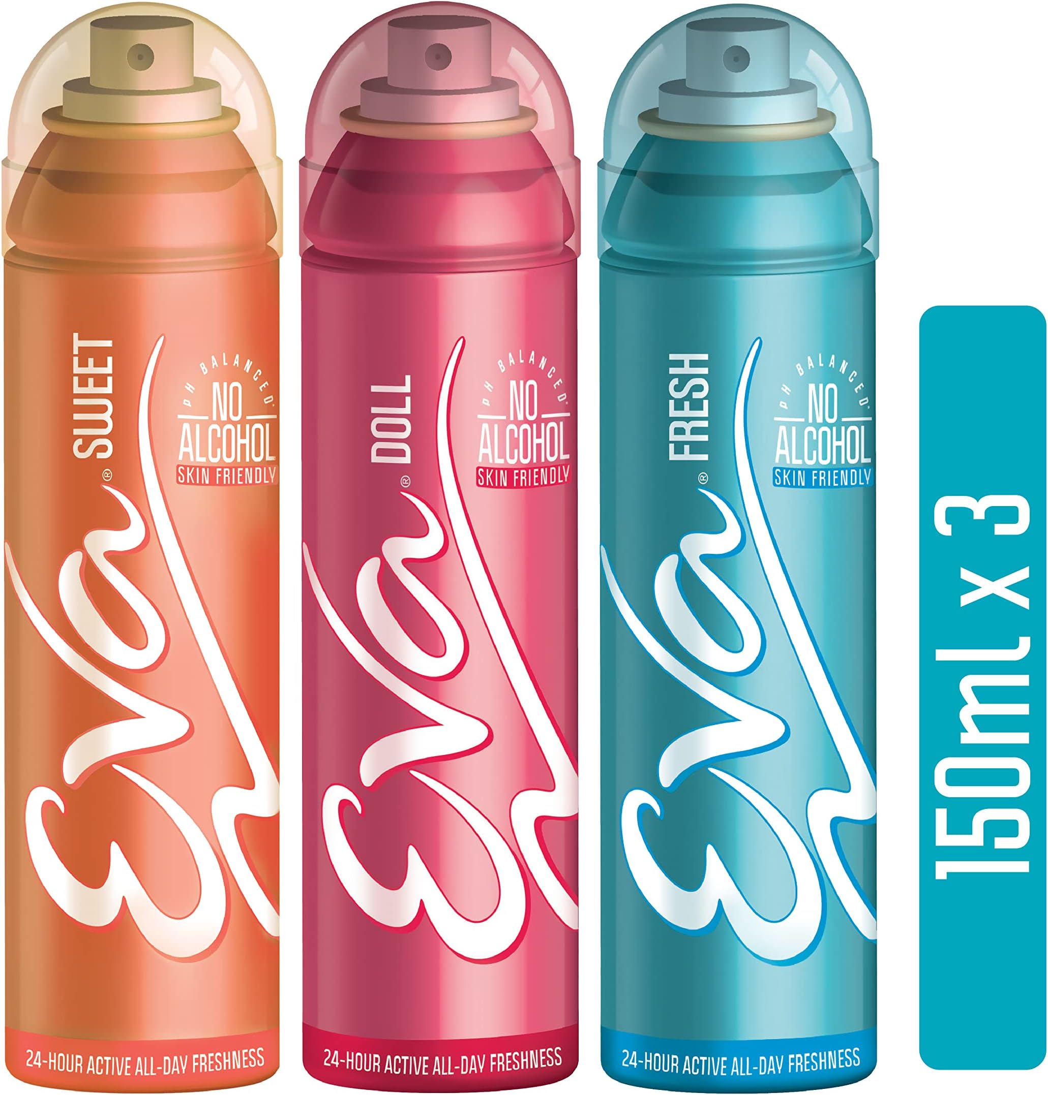 - Eva Sweet, Doll & Fresh Deodorant For Women | Long Lasting Deo | Skin Friendly | Dermatologically Tested | No Alcohol | Pack of 3 | 450 Ml