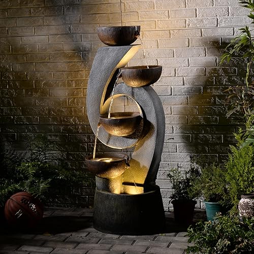SERBILHOME 5-Tiered Water Fountain Outdoor 46.8''H Large Modern Waterfall Cascade Patio Fountains Garden Waters Found for Yard Deck Porch Balcony Outside,Gray