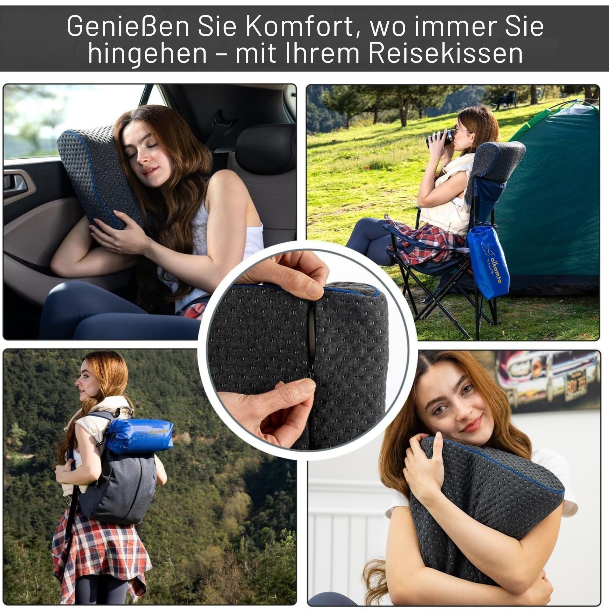 alkamto Almohada de viaje y camping de espuma viscoelástica, cómoda almohada cervical con bolsa de transporte – Funda de almohada de regulación de temperatura – perfecta para viajes