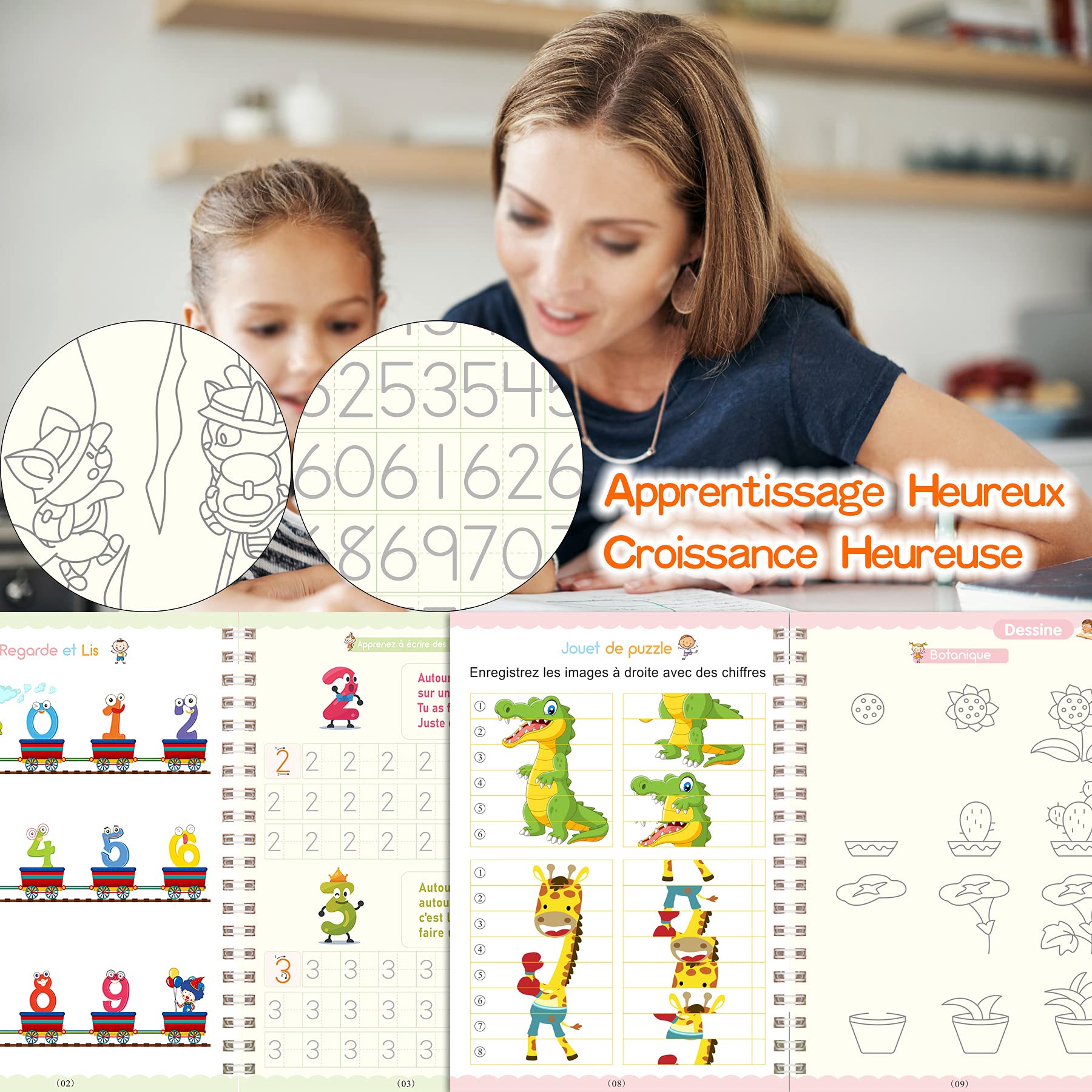 Larcenciel Cahier Ecriture Maternelle En Français, 4 Livres Calligraphie Enfant Magique + 1 Stylo + 5 Recharges + 1 Grip, Cahier De Vacances CP Vers CE1 CE2, Guide Doigts Ecriture Enfant pour 3-5 Ans