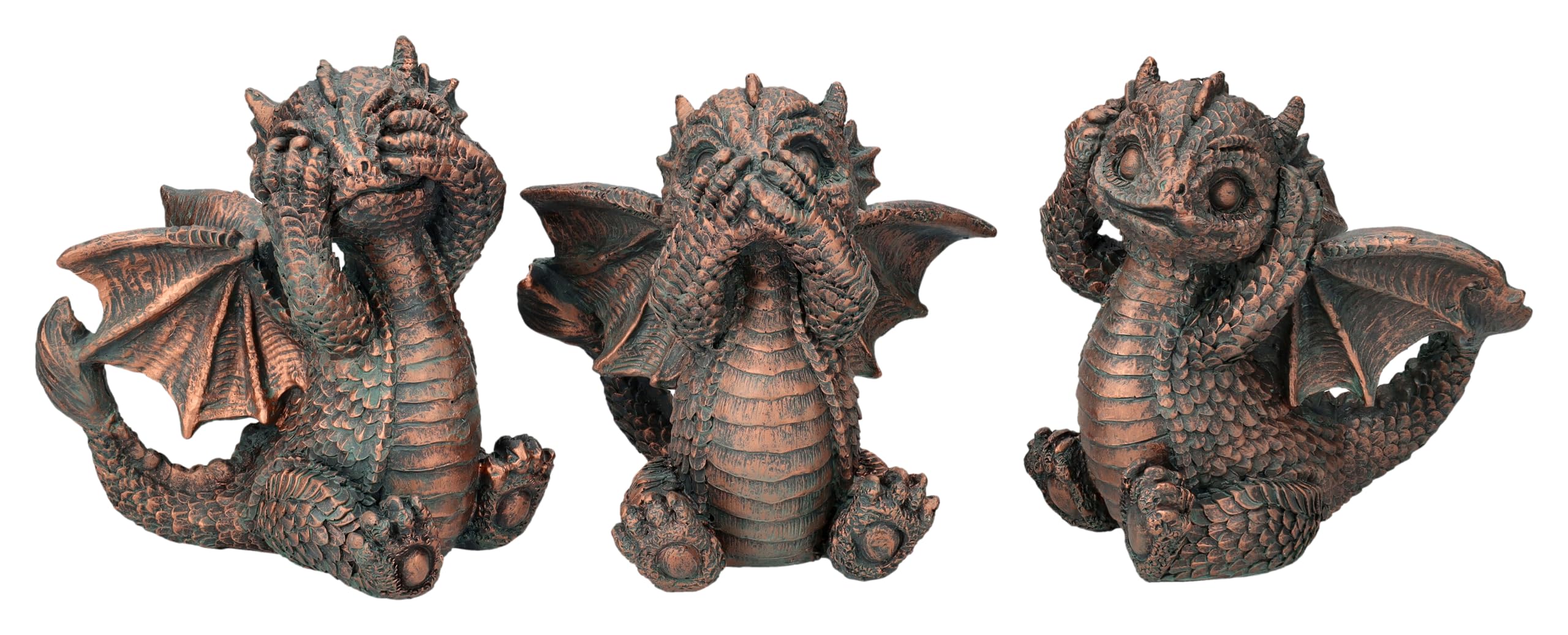 Figuren Shop GmbH Drachenfiguren - Nichts Böses Sehen, Hören, Sagen, 12 cm - Kunststein, Handbemalt, Bronzefarben, Fantasy Statue
