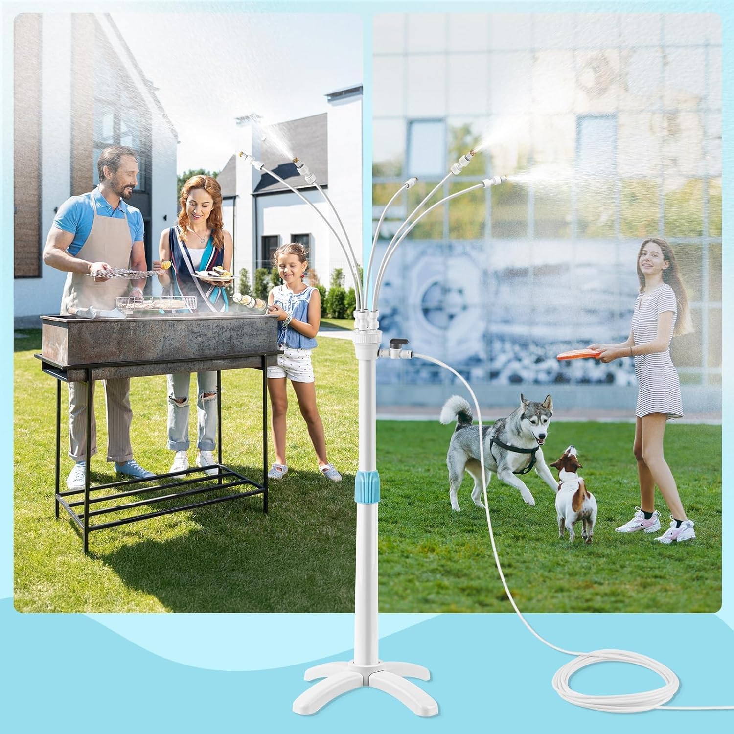 Tesmotor Sistema de niebla de pie para terraza y jardín, altura regulable al aire libre, con 5 boquillas, sistema de refrigeración con válvula y soporte, ducha de niebla para patio, balcón, piscina