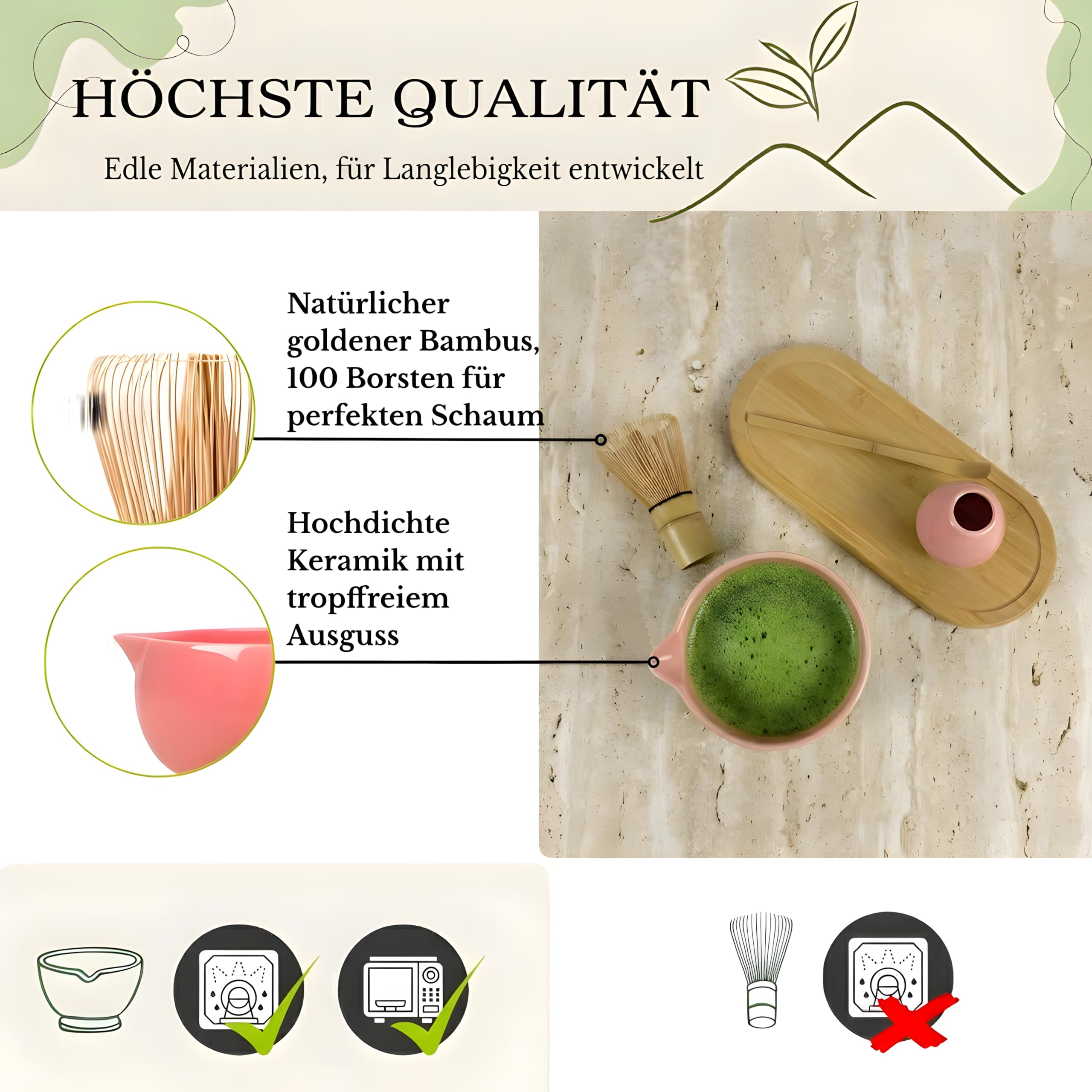 Matcha Set mit Bambusbesen, Keramikschale & Sieb – Matcha Tee Starter Set inkl. Löffel, ideal als Geschenk – Premium Matcha Kit – Rosa