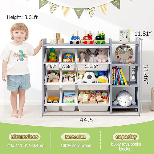 Miniatura 3 de MallBest Estante organizador de almacenamiento de juguetes para niños de 4 niveles, 100% madera maciza, gabinete de almacenamiento para niños con 9