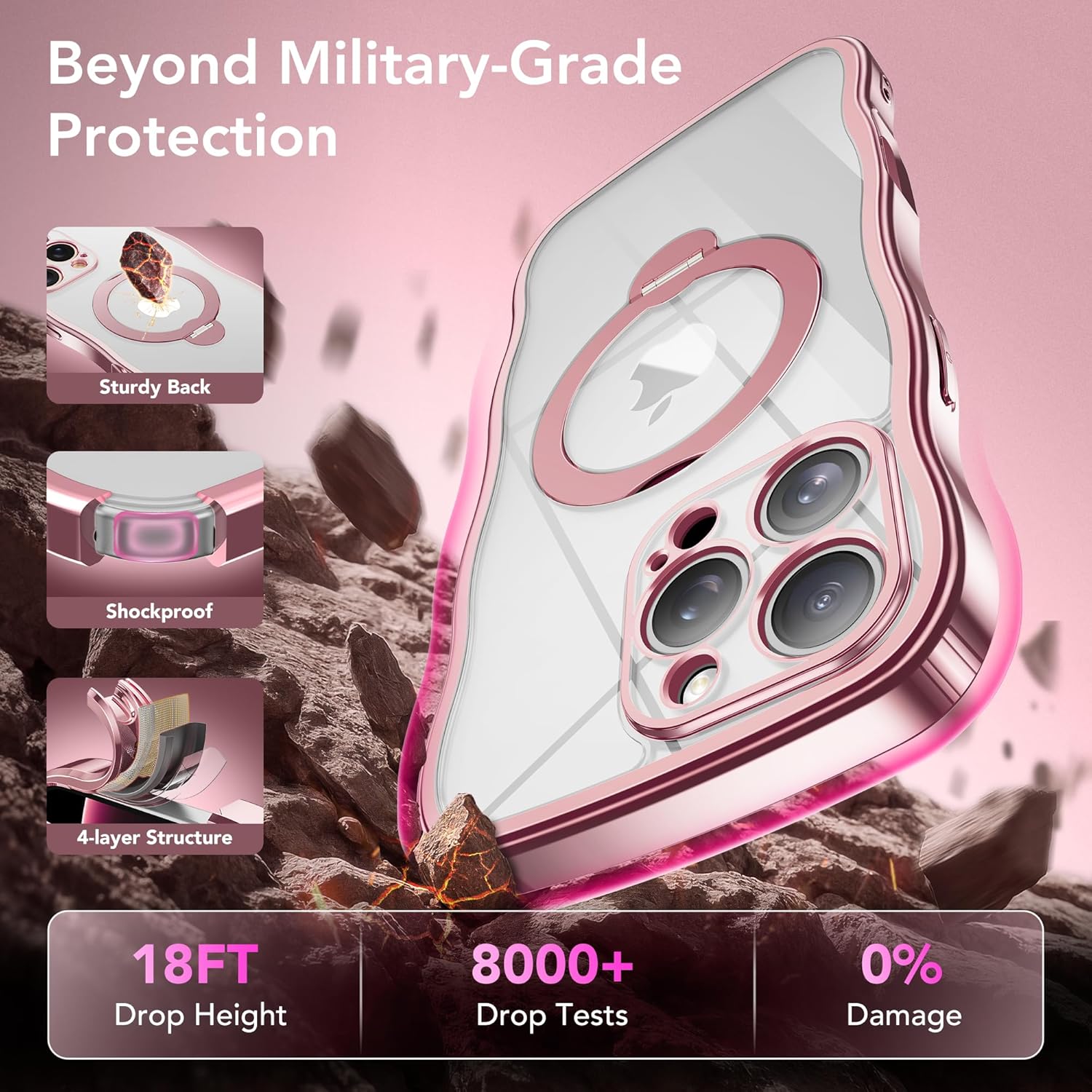 for iPhone 16 Pro Case with 360° Spin Magnetic Stand Ring [Compatible with MagSafe][Military Protection][Camera Control Button]Cute Anti-slip Wave Phone Case for 16 Pro 6.3 Inch, Pink/Clear - Image 6