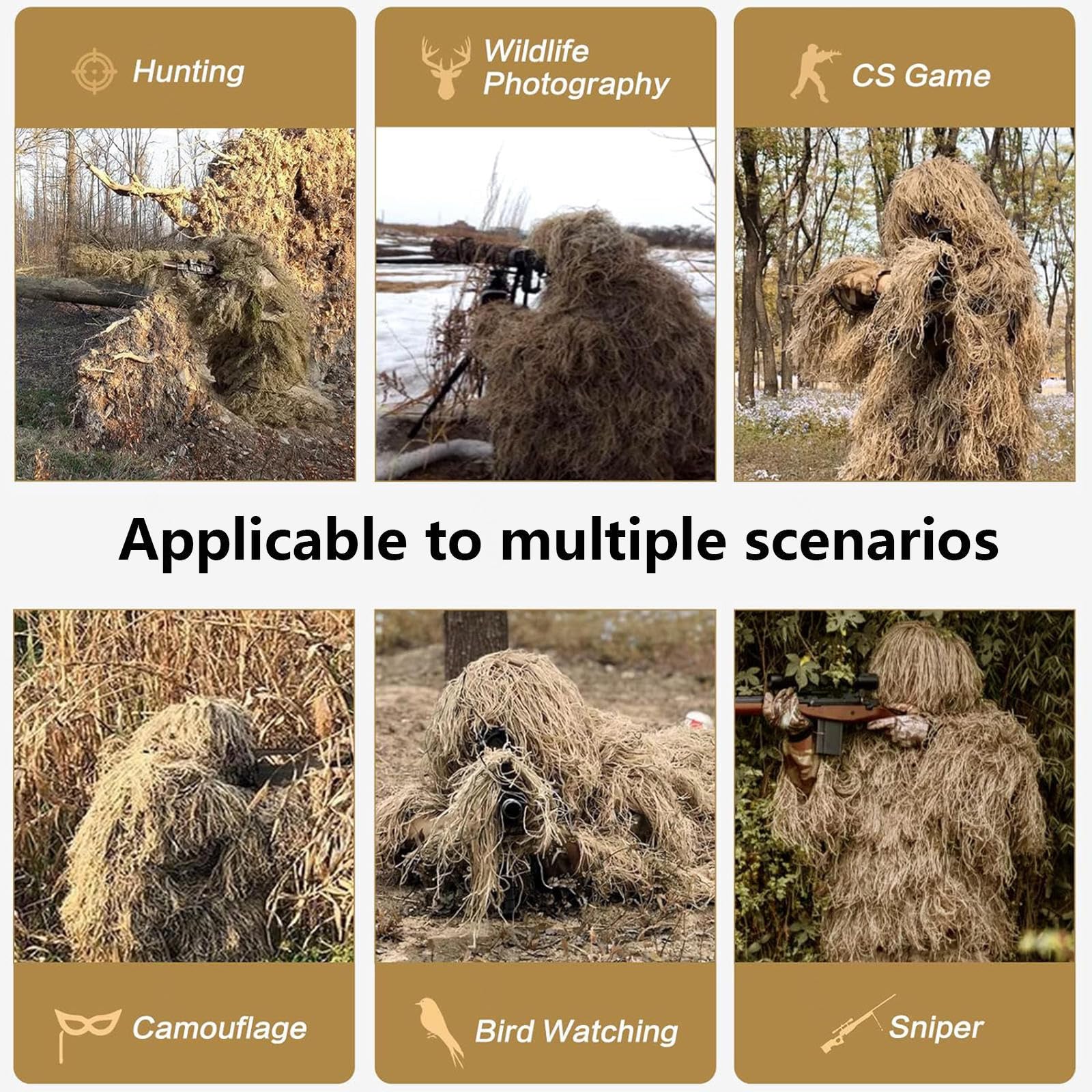 5-Teilige 3D Ghillie Suit Camouflage Jagdbekleidung Tarnanzug Herren Einschließlich Jacke,Hose,Kapuze,Tragetasche Tarnanzug für Militär,Airsoft Sniper,DryGrass-Adults