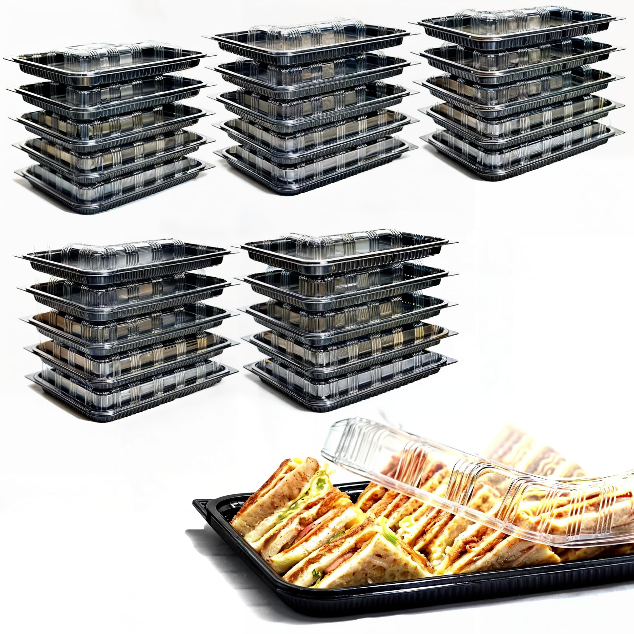 Zumart Pack of 25 Sandwich Platter Trays With lids - Reusable Plastic Catering Trays With Lids for Meal Prep, Cakes, Treats and Sandwiches (33.5cm x 24cm x 6cm).