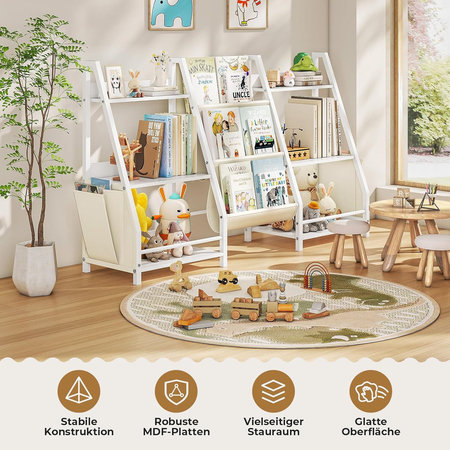 Bücherregal Kinder Mit 6 Fächern und 3 Ablagen | Spielzeugregal in Weiß | 127x72 cm Großes Bücherregal Kinderzimmer zur Aufbewahrung von Bilderbüchern & Spielzeug | Aufbewahrungsregal für Kleinkinder