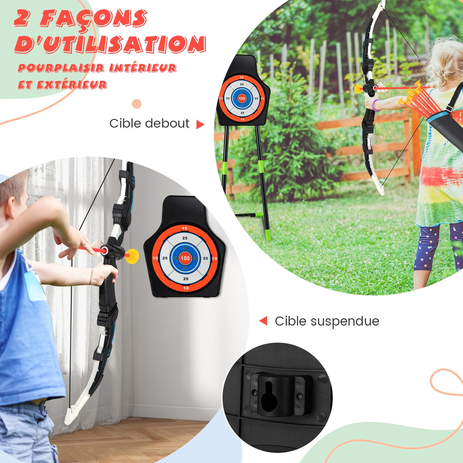 GOPLUS Arcs et Flèches Enfants, Ensemble Tir à l'arc à LED avec 20 Flèches à Ventouse, 2 Carquois, Cible détachable, Jeu de Tir Intérieur Extérieur pour Garçons et Filles 3 à 12 Ans