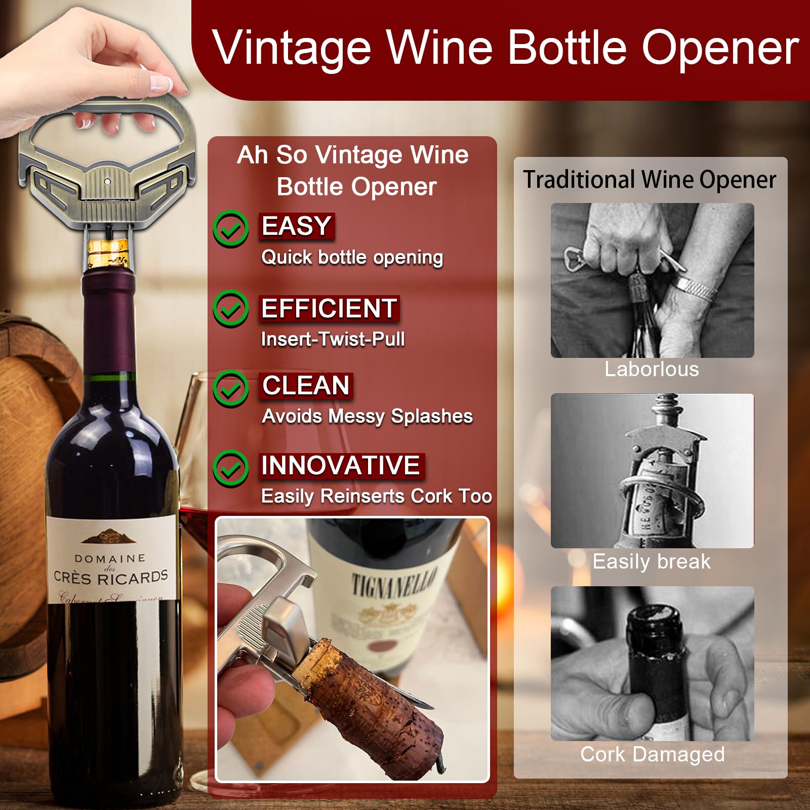 ZONSUSE Ah So Ouvre-bouteille pour Bouchons Cassants,Tire Bouchon pour Vieux Vins,Tire-Bouchon Double Prong pour Bouteille Vintage,Idee Cadeau Original pour Amateurs de Vins Agés (Élégant Cyan)