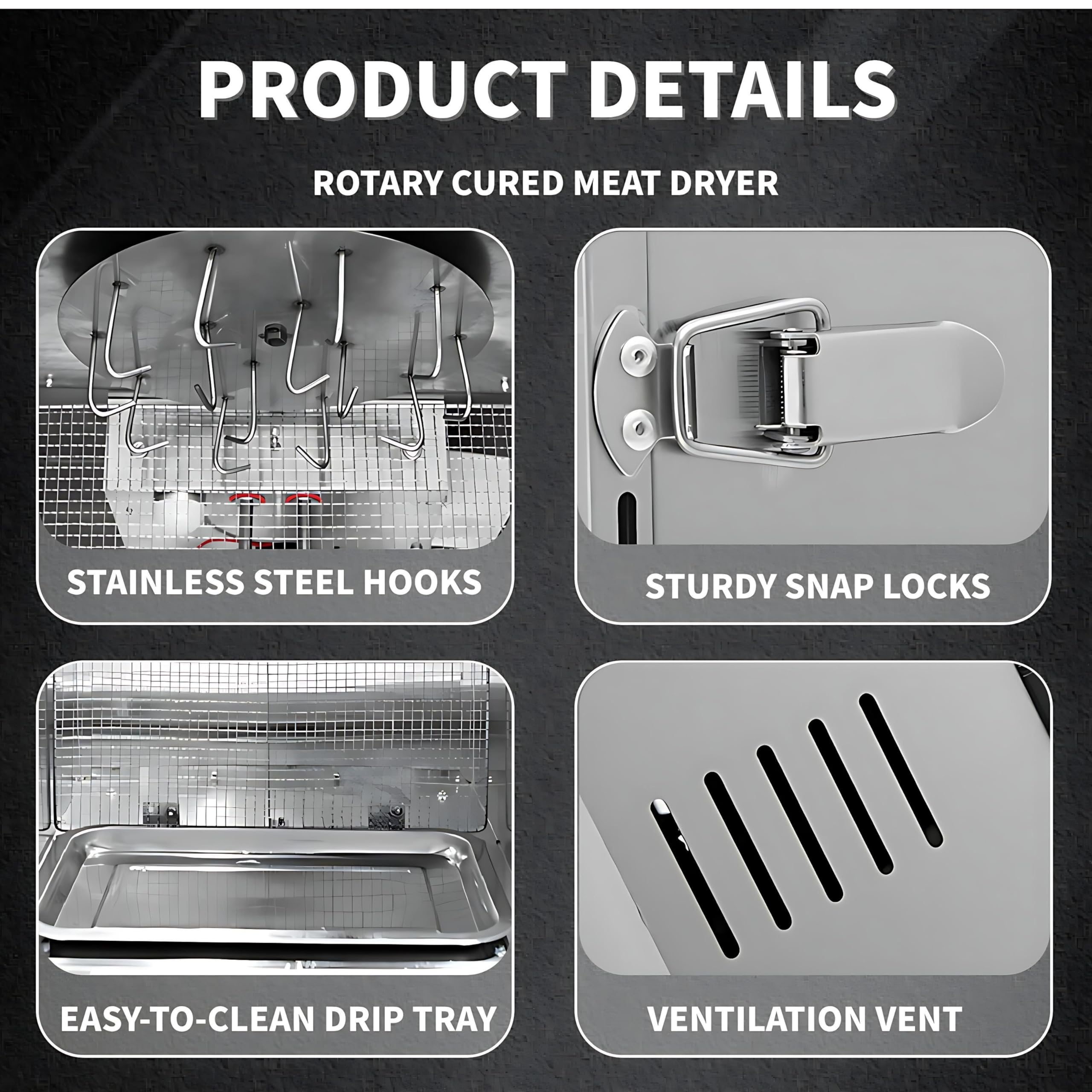 Caja de secado Biltong de acero inoxidable, deshidratador de alimentos y armario de secado de 800 W, deshidratador de alimentos grande con 14 ganchos para colgar, control inteligente LED para secar