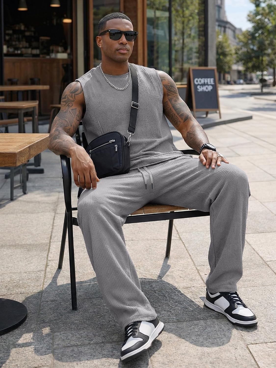 JMIERR Men Fashion 2 Piece Set Casual Muscle Tank Baggy Pants Stretch Textured Beach Street HipHop Sleeveless Shirts